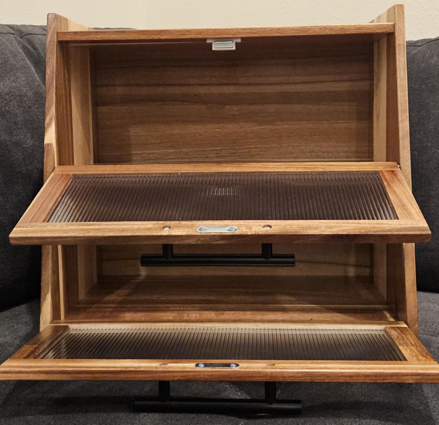 Bread Box for Kitchen Counter,Wooden Double Layer Countertop Bread Storage | Bread Holder Container Bin with Window for homemade bread; Acacia Wood Construction with Metal Handles customer photo 2