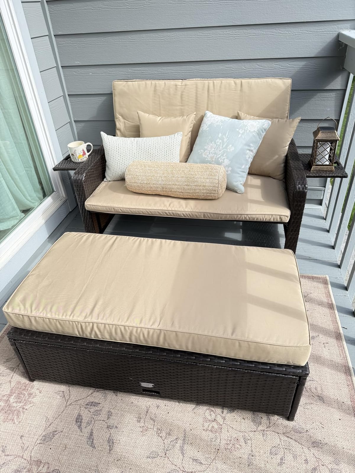 RELAX4LIFE Wicker Patio Outdoor Daybed - Rattan Day Bed Lounger w/Loveseat & Storage Ottoman, Sunbed Sofa Set w/Cushions, 4-Level Adjustable Backrest & 2 Retractable Trays, Patio Daybed (White-Black) customer photo 1