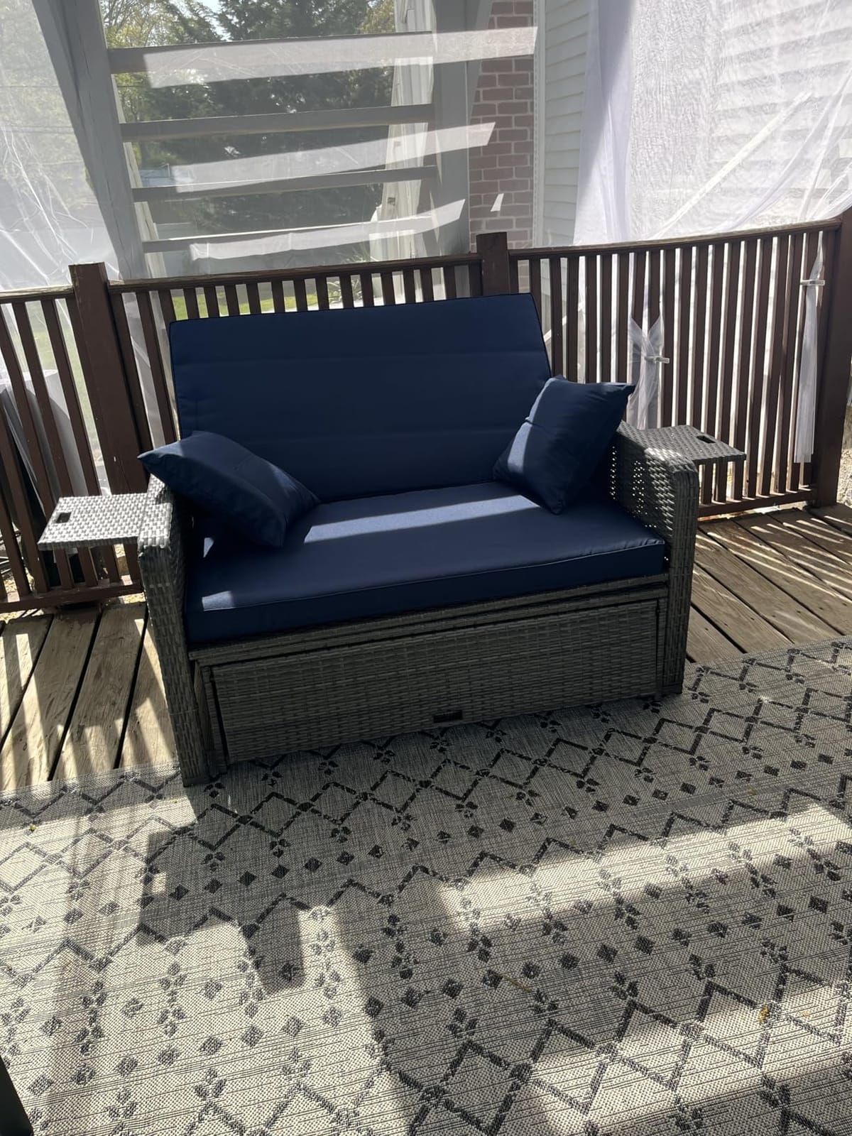RELAX4LIFE Wicker Patio Outdoor Daybed - Rattan Day Bed Lounger w/Loveseat & Storage Ottoman, Sunbed Sofa Set w/Cushions, 4-Level Adjustable Backrest & 2 Retractable Trays, Patio Daybed (White-Black) customer photo 2
