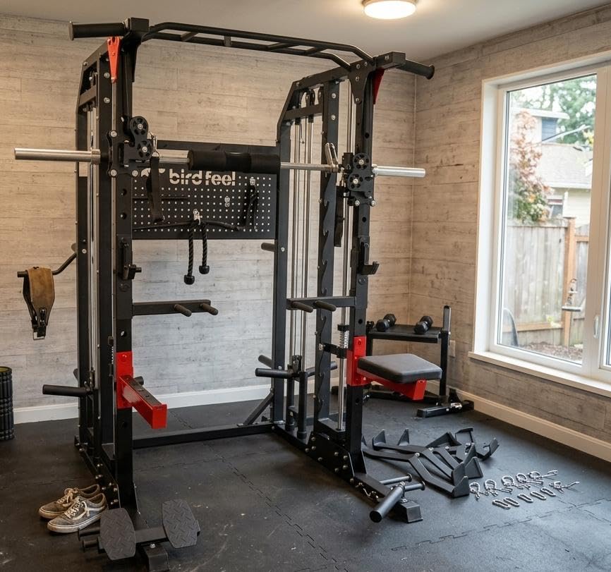Multi-Function 2000LB Power Cage Smith Machine, Dual Pulley Cable Crossover | Home Gym Squat Rack Featuring LAT Pulldown, Power Rack with Olympic Bar & Strength Training Attachments, Pegboard customer photo 1