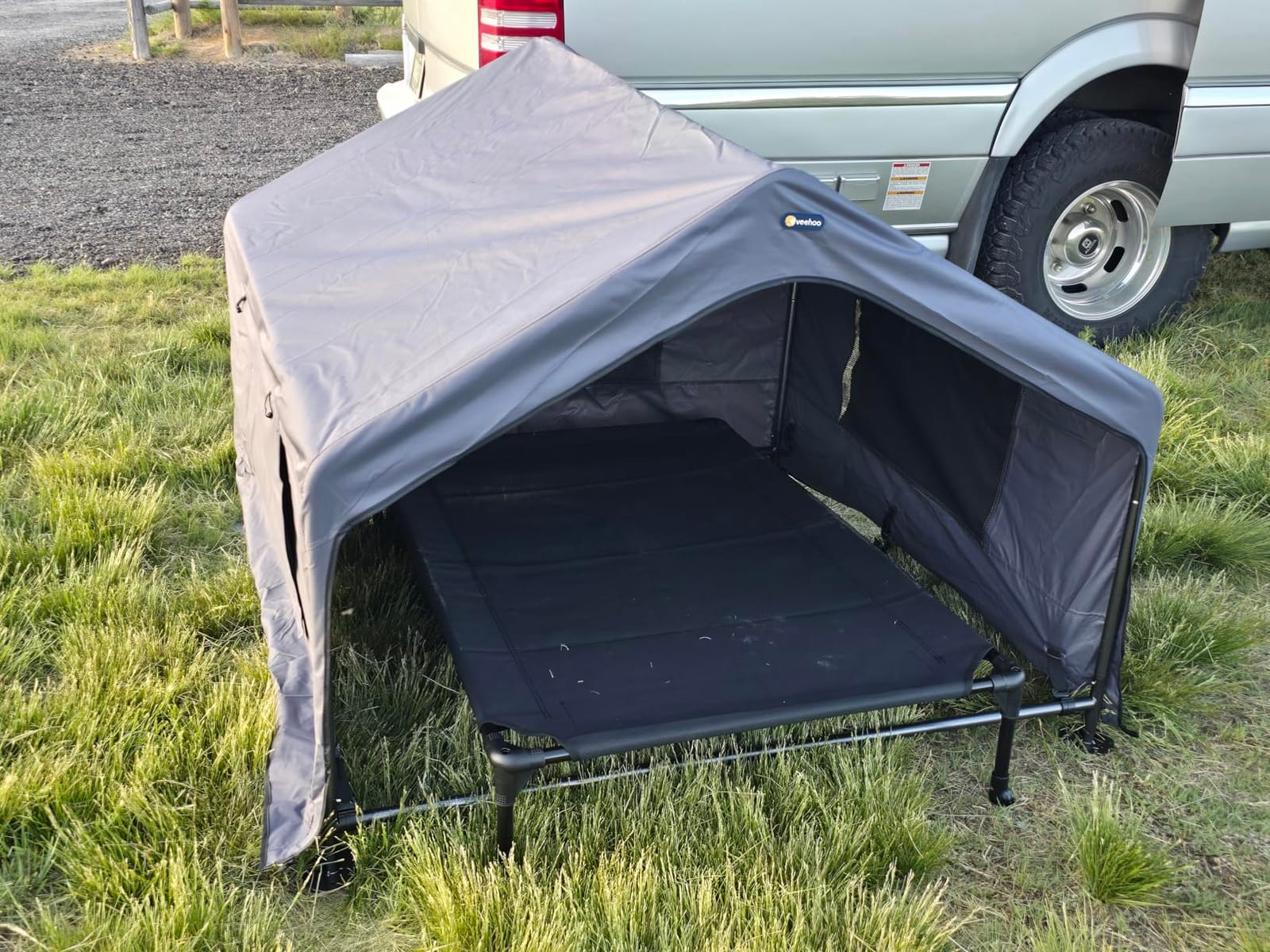 Veehoo Extra Large Dog House Outdoor Includes Elevated Dog Bed-Weatherproof | Waterproof Outside Dog Tent 4.1' x 4.1' x 3.3', Dog Shade Shelter and Raised Bed Combo for Pets or Stray Animals, Grey customer photo 1