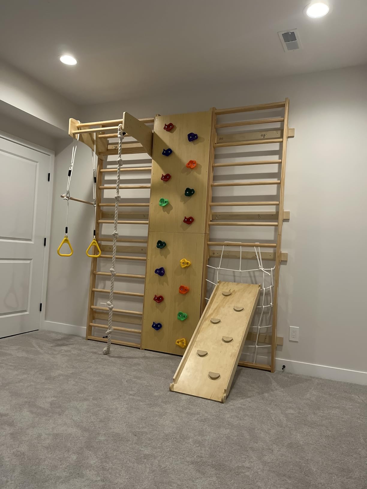 Cofiyard 9-in-1 Swedish Ladder Wall Gym & Climber, 94.5'' Wooden Wall-Mounted Climbing Set with Double-Sided Slide, Swing, Rope, Rings, Monkey Bars, Kids Indoor Playset, Wooden Climbing Jungle Gym customer photo 1