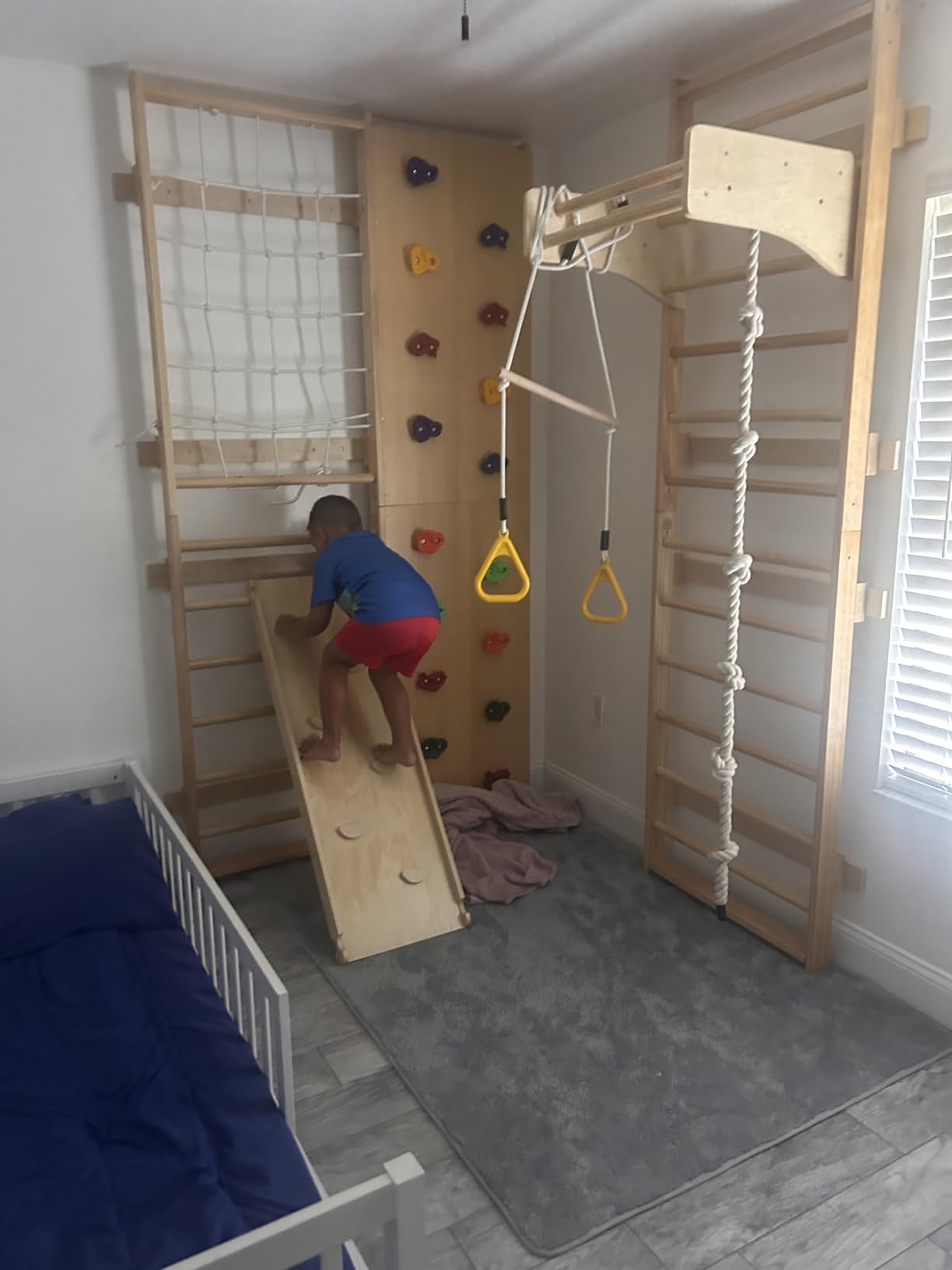 Cofiyard 9-in-1 Swedish Ladder Wall Gym & Climber, 94.5'' Wooden Wall-Mounted Climbing Set with Double-Sided Slide, Swing, Rope, Rings, Monkey Bars, Kids Indoor Playset, Wooden Climbing Jungle Gym customer photo 2