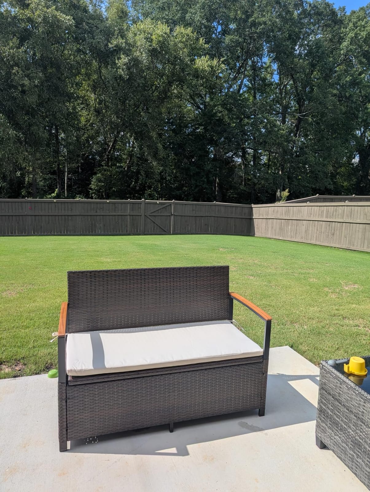 RELAX4LIFE Wicker Outdoor Storage Bench, Rattan Deck Box | 46 Gallon Mix Grey PE Rattan Box, Acacia Wood Armrests, Grey Seat Cushion & Protective Liner; Patio Deck Porch Garden Storage customer photo 1