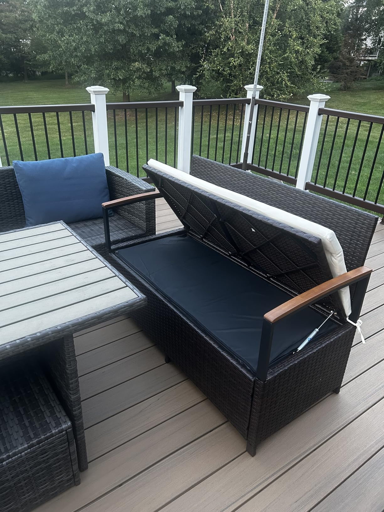 RELAX4LIFE Wicker Outdoor Storage Bench, Rattan Deck Box | 46 Gallon Mix Grey PE Rattan Box, Acacia Wood Armrests, Grey Seat Cushion & Protective Liner; Patio Deck Porch Garden Storage customer photo 2