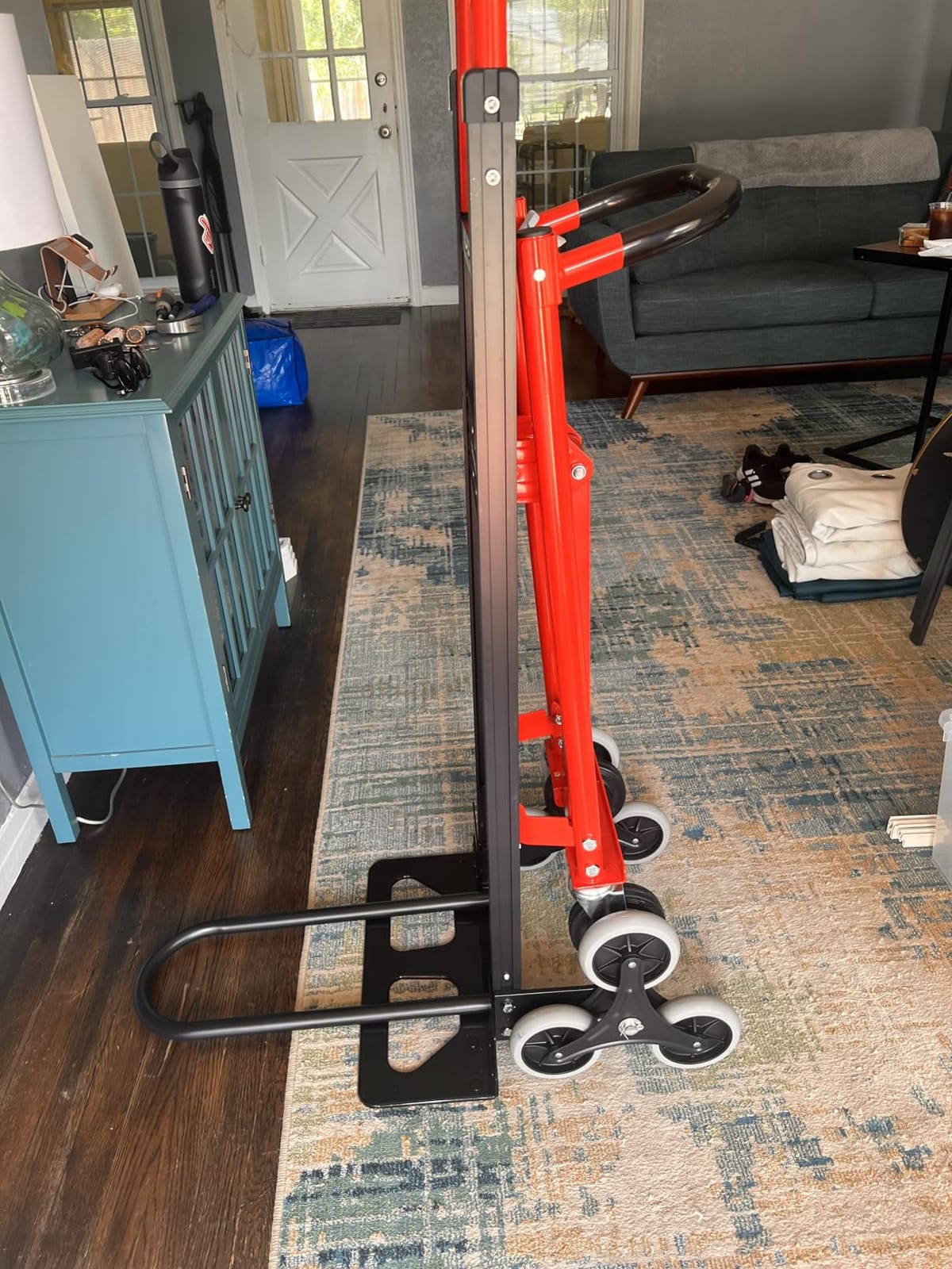 Heavy Duty 1000LBS Stair Climbing Dolly, 3 in 1 Convertible Hand Truck, Red | Aluminum Foldable Cart with Solid Rubber Tri-Wheels, Loop Handle and 2 Bungee Cords for Moving, Travel and Office customer photo 2