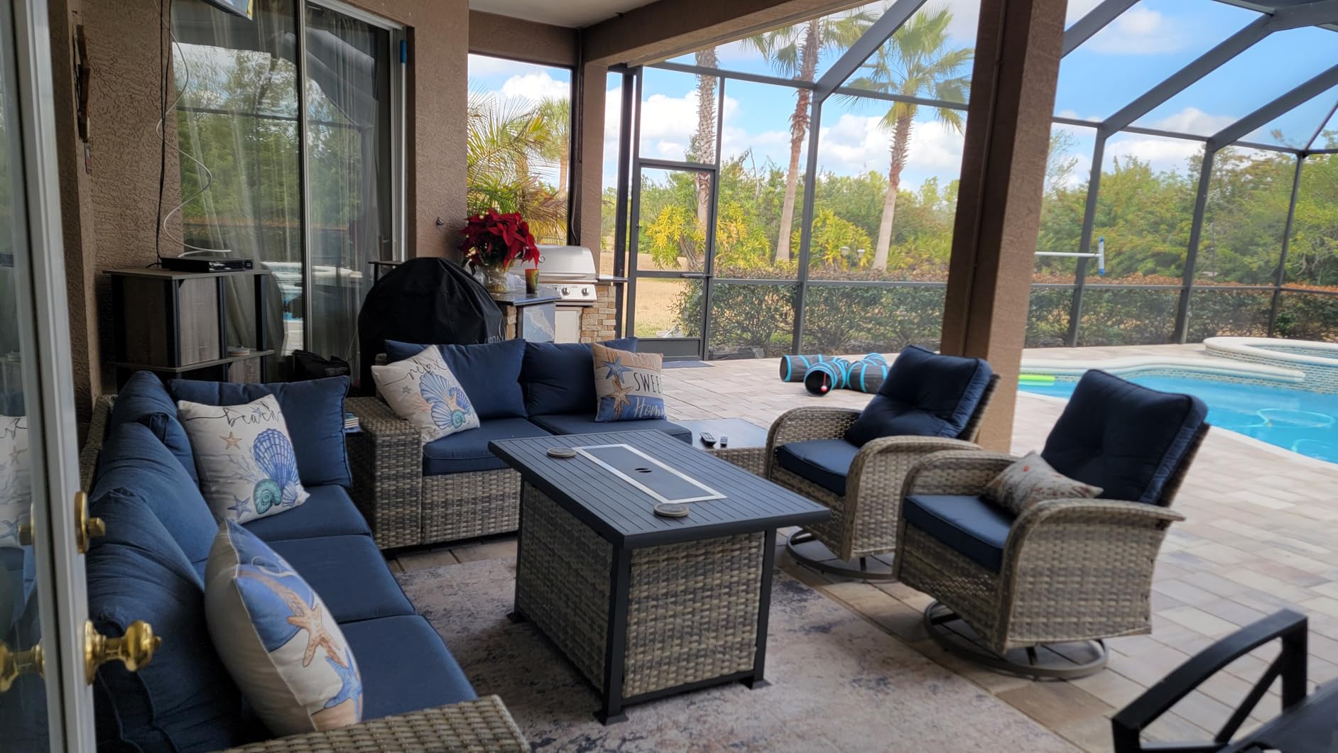 Outdoor Patio Furniture Set PE Wicker with 55,000 BTU Fire Pit Table & Swivel Chair customer photo 2