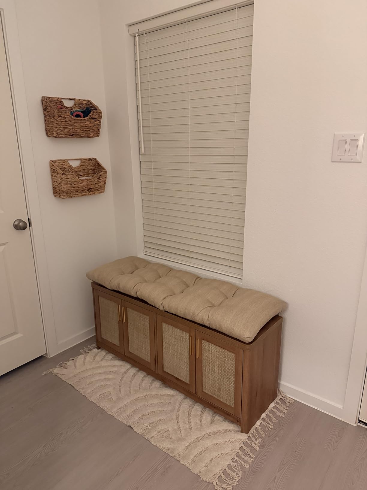 VASAGLE ELLAN Collection - Boho Shoe Bench with Cushion, Entryway Storage Bench with 4 Rattan-Look Cabinet Doors, Rounded Corners, Adjustable Shelf, for Bedroom Under Window, Natural Brown ULSB502KC01 customer photo 1