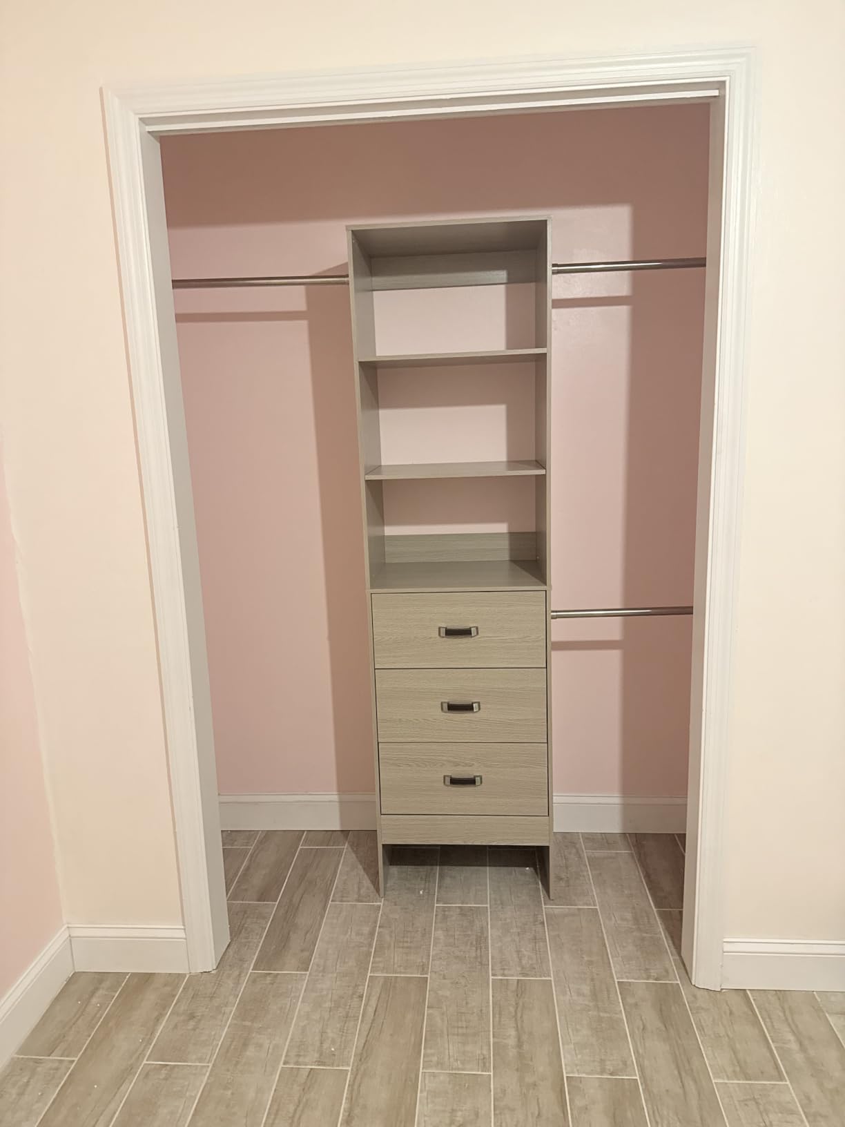 Besiost 4FT Small Closet System with 3 Fabric Drawers, 48'' Closet Organizer System With 3 Adjustable Shelves, Flexible Built-In Clothes Garment Rack for Small Space, 48''L x 13''W x 71''H, White Oak customer photo 2