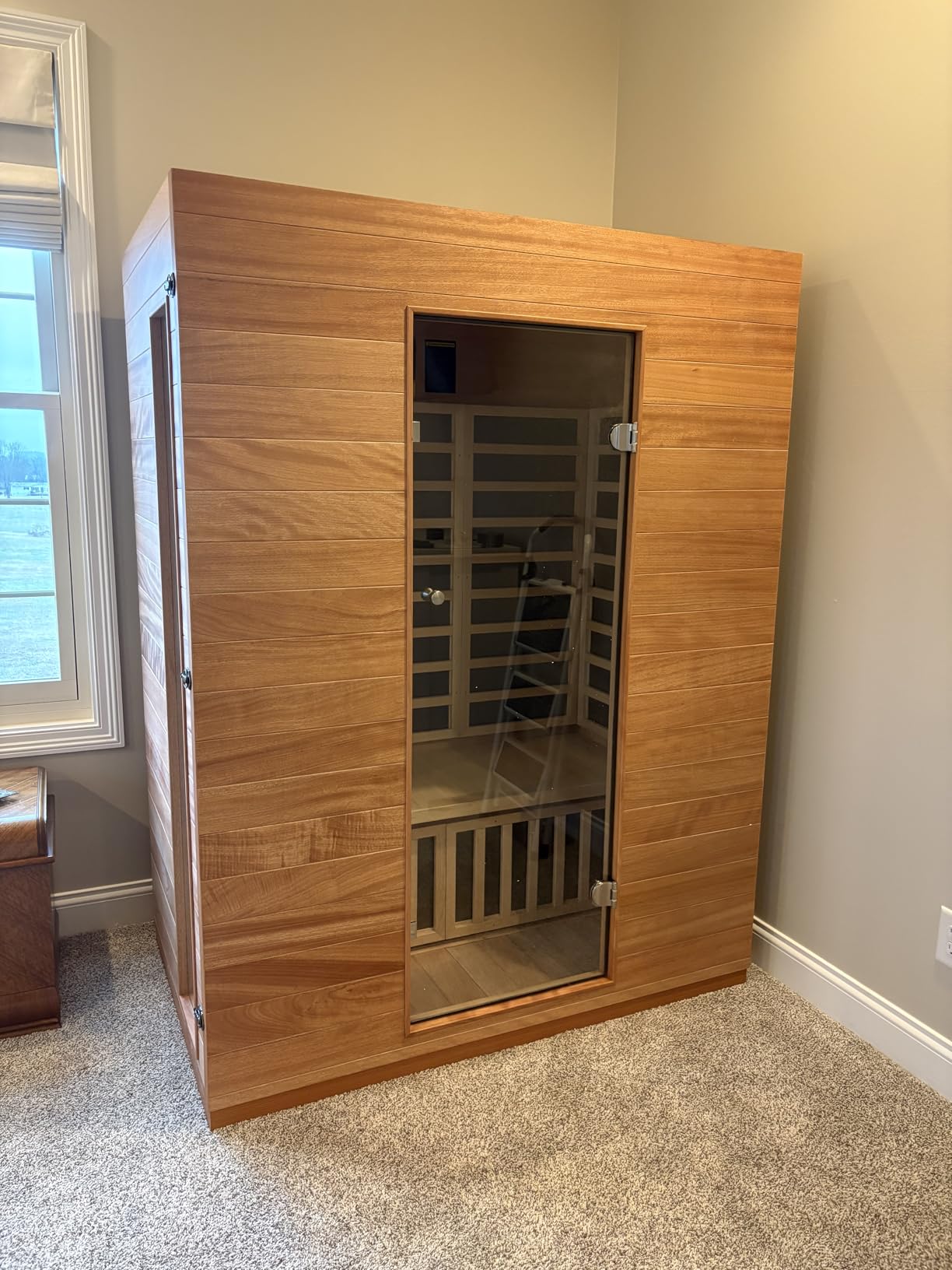 4 Person Outdoor Barrel Traditional Sauna, Harvia 6KW Heater, Includes Sauna Accessory Set | Japanese cedar, tempered glass door, waterproof shingle roof, accessory set included customer photo 1
