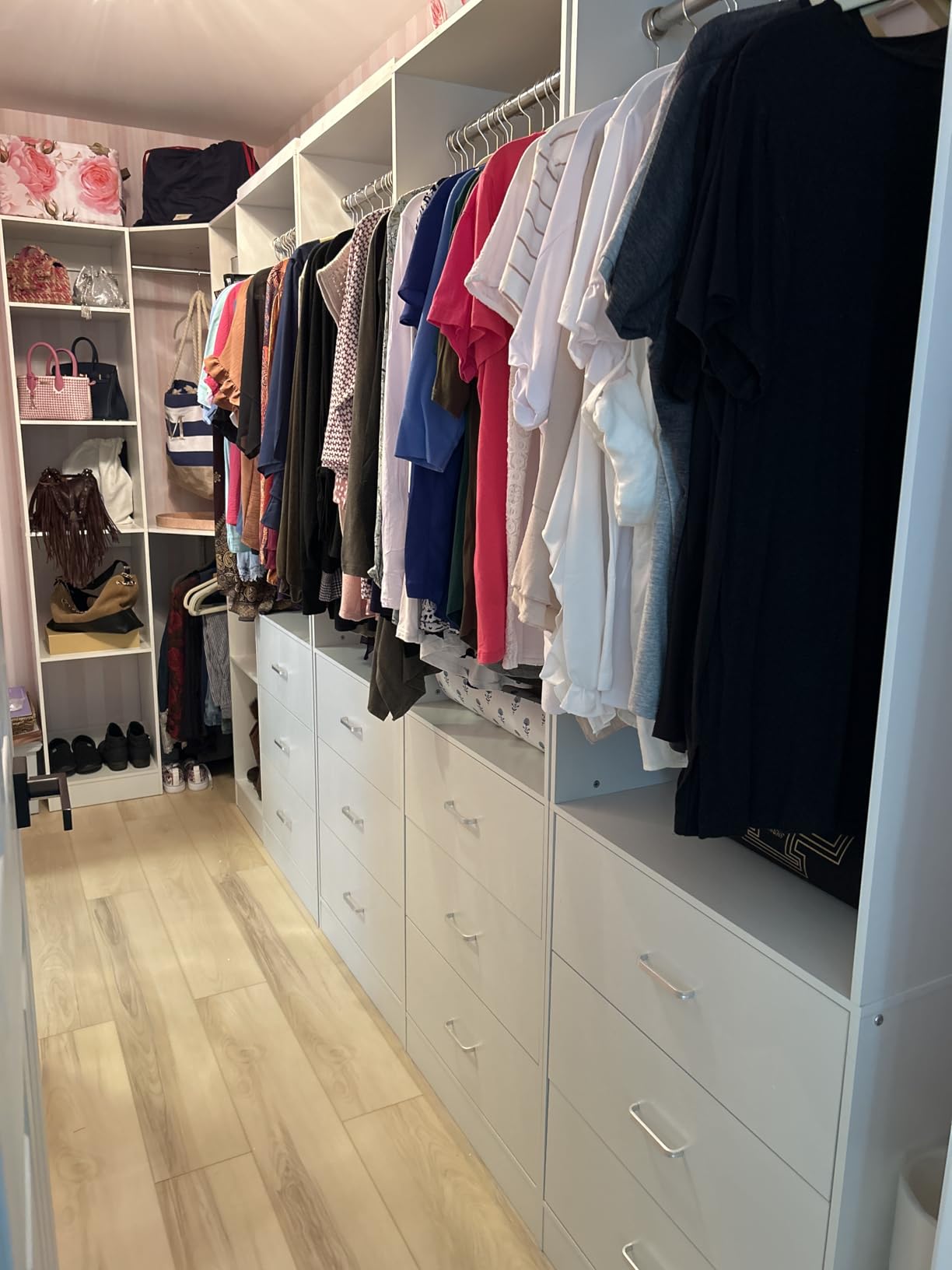 Besiost Closet System with 6 Drawers & 10 Shelves, Corner Closet Organizer | Reversible Walk-in Closets, (L-Shaped 46.2