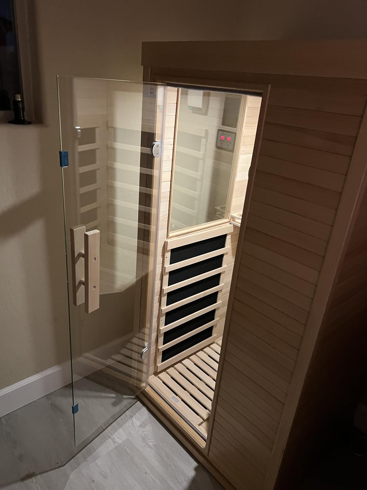Wood Infrared Home Sauna Room, 1 Person Traditional Indoor Saunas, Canadian Hemlock Dry Sauna Spa for Low EMF with Tempered Glass Door, Bluetooth Speakers and Control Panel, 32.6 x 27.5 x 59.5 Inch customer photo 1