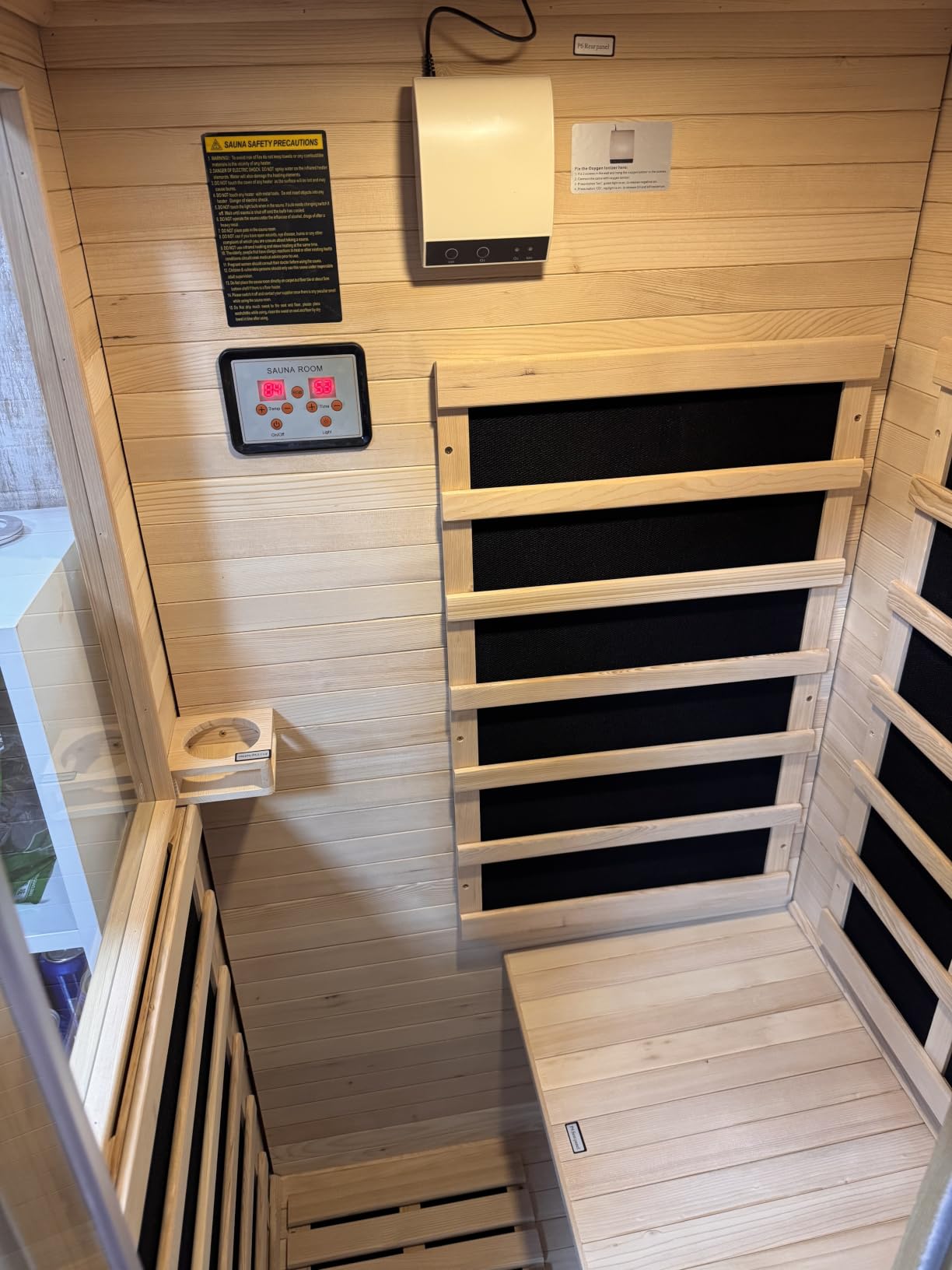 Wood Infrared Home Sauna Room, 1 Person Traditional Indoor Saunas, Canadian Hemlock Dry Sauna Spa for Low EMF with Tempered Glass Door, Bluetooth Speakers and Control Panel, 32.6 x 27.5 x 59.5 Inch customer photo 2