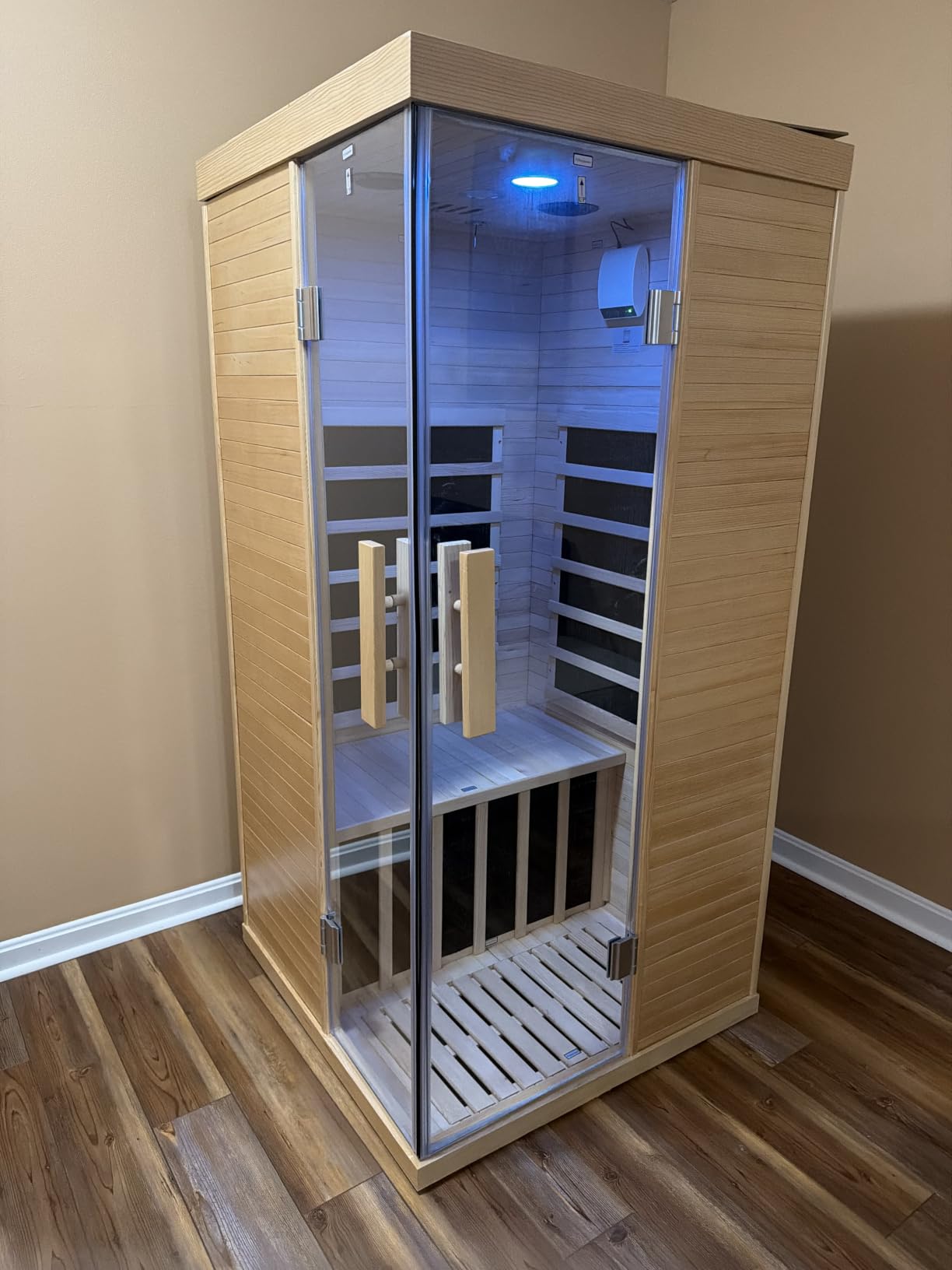 Wood Infrared Sauna for Home, Indoor Home Sauna with Red Light, 1 Person Infrared Sauna, Chromotherapy Light, Hemlock, Low EMF Far Infrared, Bluetooth Speakers, 33.4'' x 33.4'' x 70'' customer photo 2