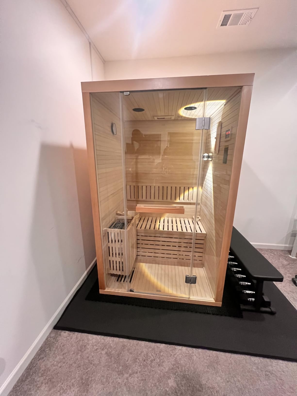 Steam Sauna, 2-4 Person Traditional Indoor Sauna with 3KW/240V Stove Heater | Chilean Pine Wood Sauna Room with Wooden Barrel and Spoon, Sauna Stone, Hygrometer, Cup Holder, LED Lighting, Speaker customer photo 1