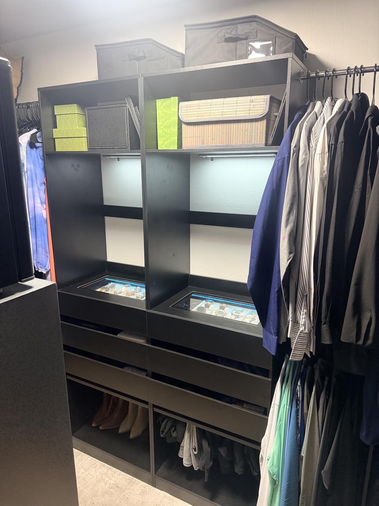 HUAHUU Large Corner Closet System with 3 Drawers and 6 Shelves, 77'' Reversible Closet Organizer System with LED Lights & 8 Jewelry Hooks, White Walk-in Closet with 3 Hanging Rods, L Shaped/Straight customer photo 2