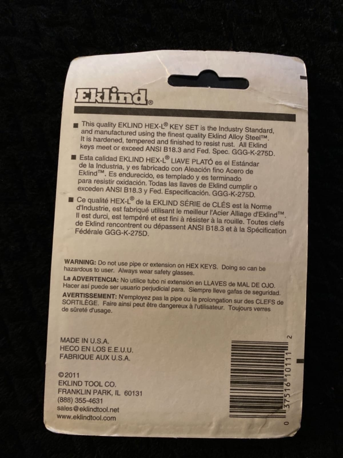 EKLIND 10111 Hex-L Key allen wrench - 11pc set SAE Inch Sizes .050-1/4 Short series customer photo 1