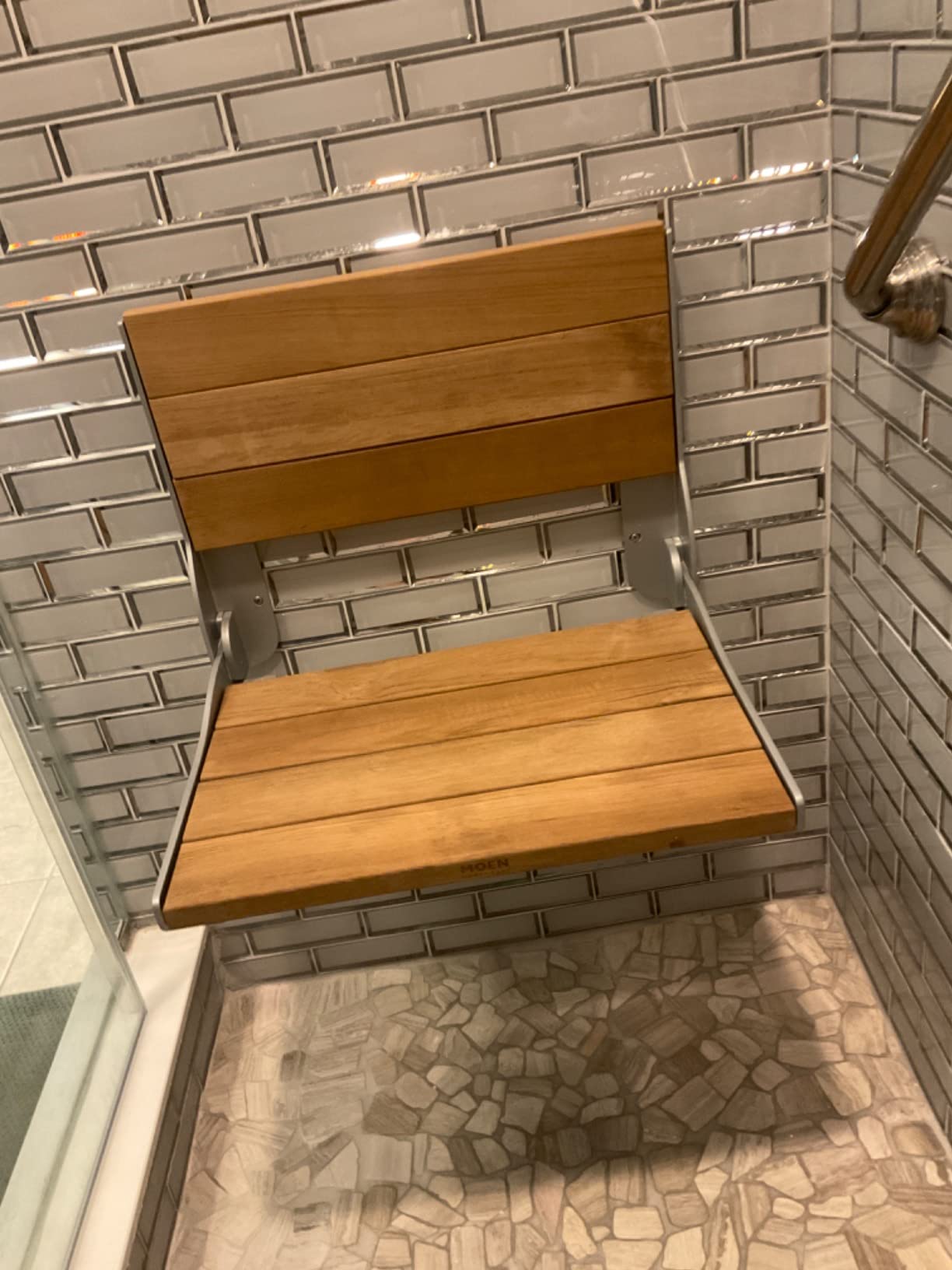 Moen DN7110 Home Care Fold-Down Shower Chair, Teak Wood Bench with Stainless Steel & Aluminum Frame, Wall-Mounted, ADA Compliant, Supports up to 400 lbs customer photo 1