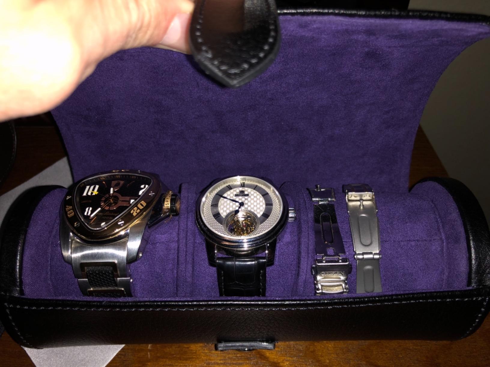 WOLF Heritage Watch Roll, Blake Black/Purple - Holds Up to Three Watches - Vegan Leather, Ultra-Suede Lining, Snap Closure - Includes Two Watch Guards customer photo 1