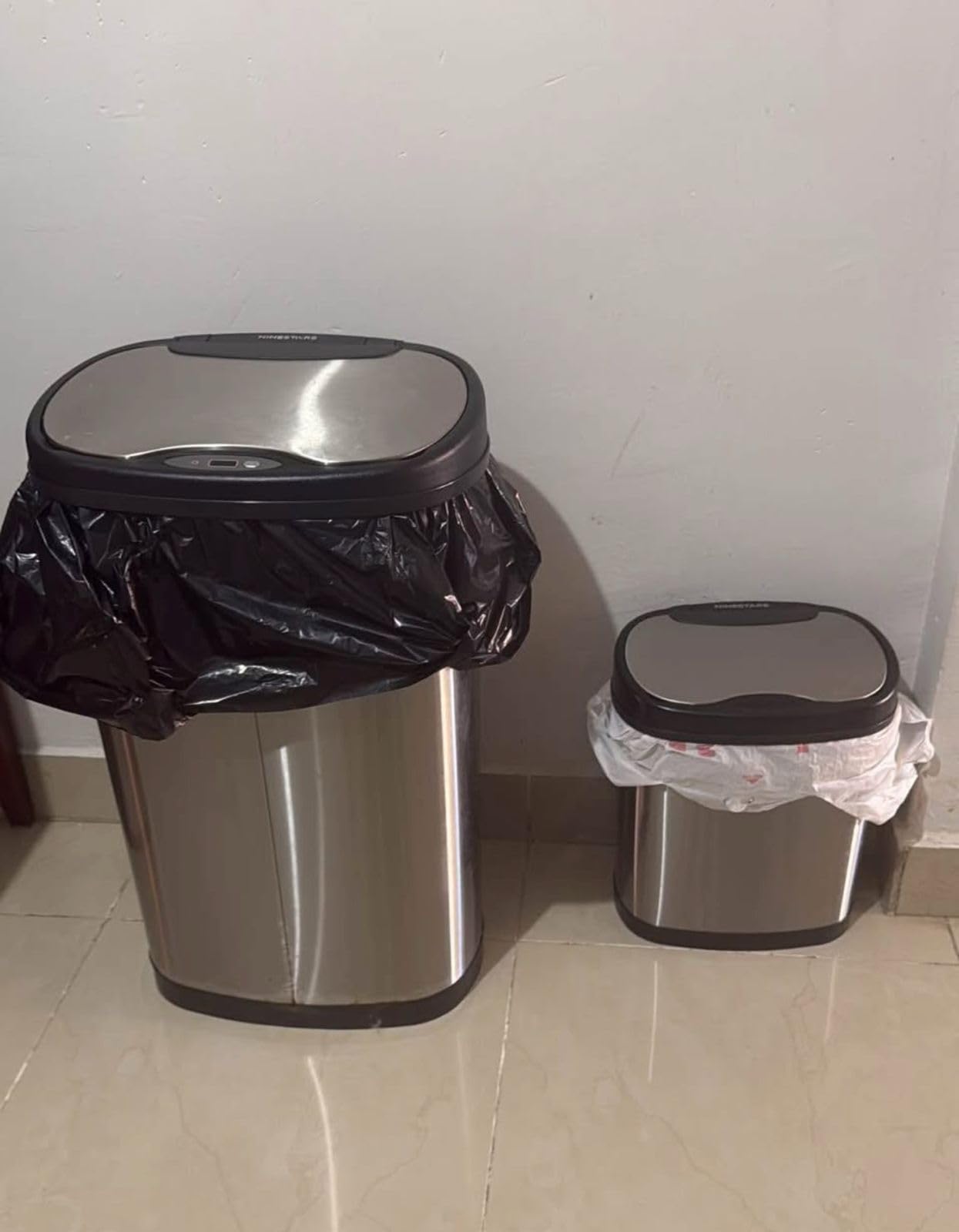 Ninestars Two-Piece Automatic Trash Can Combo Set, 13 Gal (50L) & 3 Gal (12L) Touchless Motion Sensor Garbage Cans with Odor-Sealing Lids, Matching Oval Stainless Steel, Black Trim customer photo 1