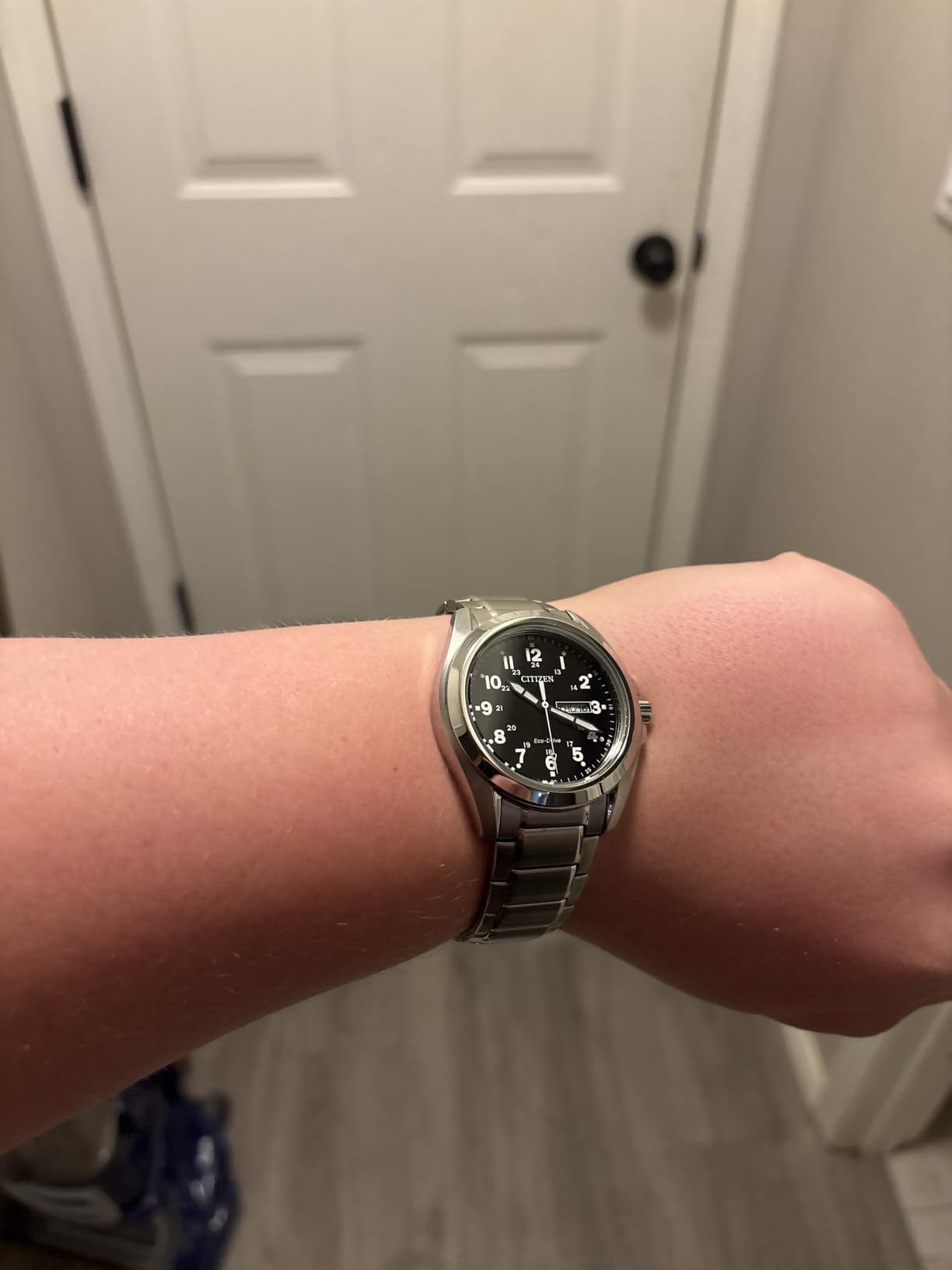 Citizen Men's Eco-Drive Weekender Garrison Field Watch in Stainless Steel, Black Dial, Arabic Markers, Luminous, 43mm (Model: AW0050-82E) customer photo 1