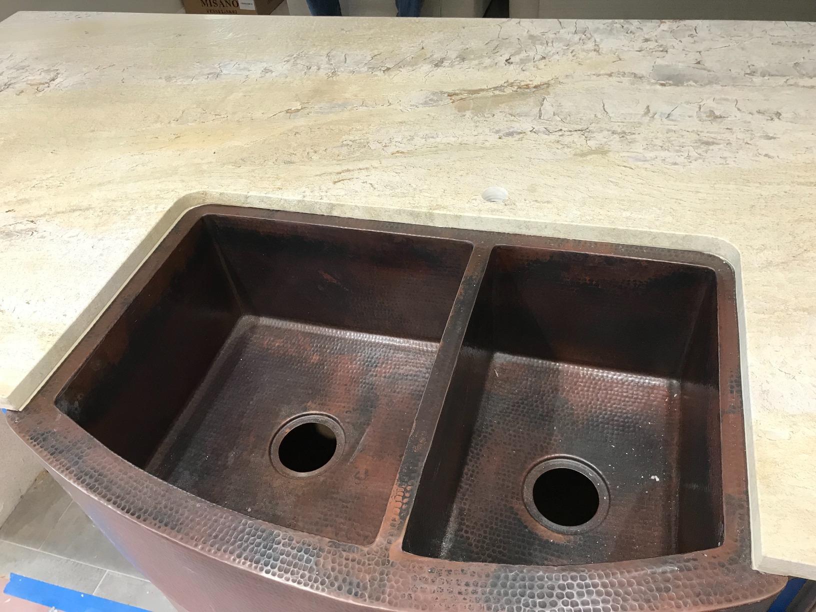 Rounded Apron Front Farmhouse Kitchen Double Bowl Mexican Copper Sink 60/40 33X22 Inches customer photo 1