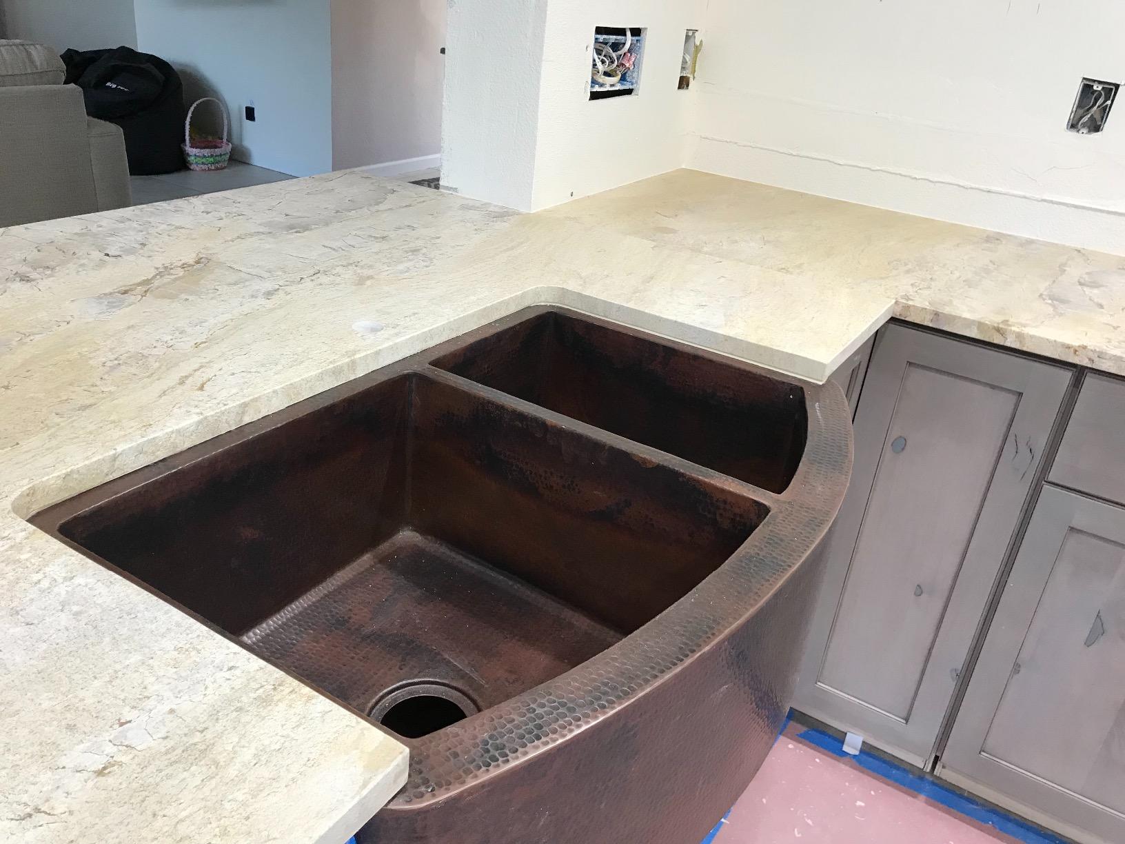 Rounded Apron Front Farmhouse Kitchen Double Bowl Mexican Copper Sink 60/40 33X22 Inches customer photo 2