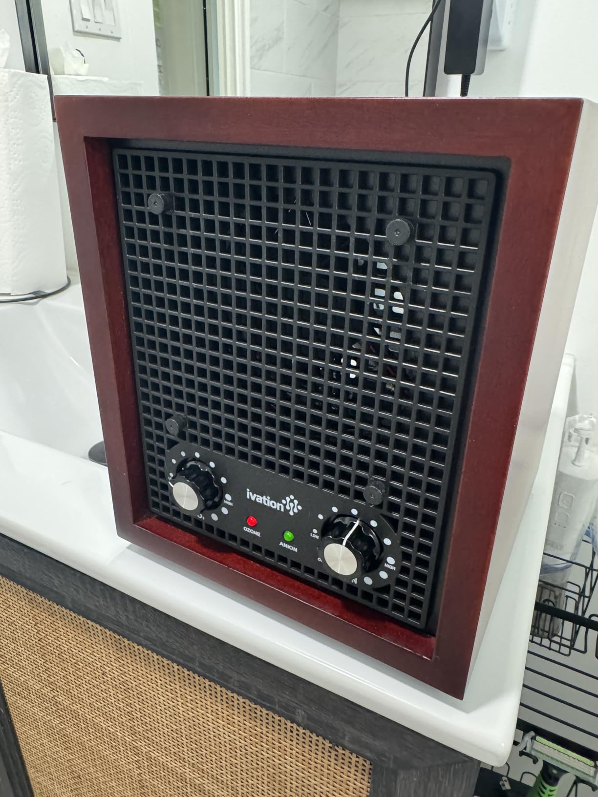 Ivation Ozone Generator Air Purifier, Ionizer & Deodorizer -Purifies Up to 3,500 Sq/Ft -Great for Dust, Pollen, Pets, Smoke & More Cherry | Removes odors from pets, smoke, food, and mold - quiet operation with a cherry wood and stainless steel cabinet customer photo 1