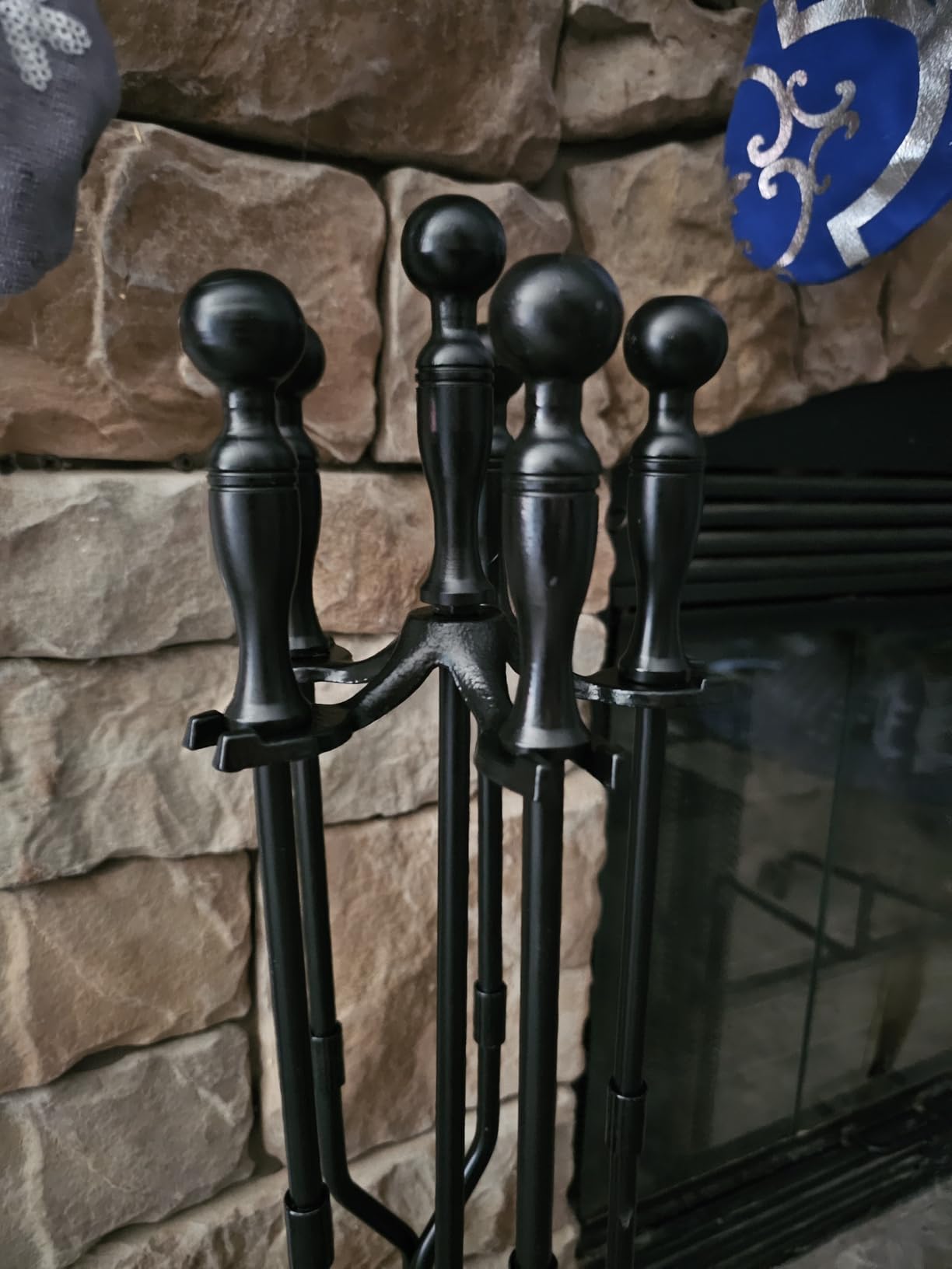 AMAGABELI Garden & Home 5 Pcs Fireplace Tools Brass Handles Wrought Iron Set Holder Indoor Outdoor Fireset Fire Pit Stand Rustic Tongs Shovel Brush Chimney Poker Wood Stove Hearth Accessories Kit customer photo 1