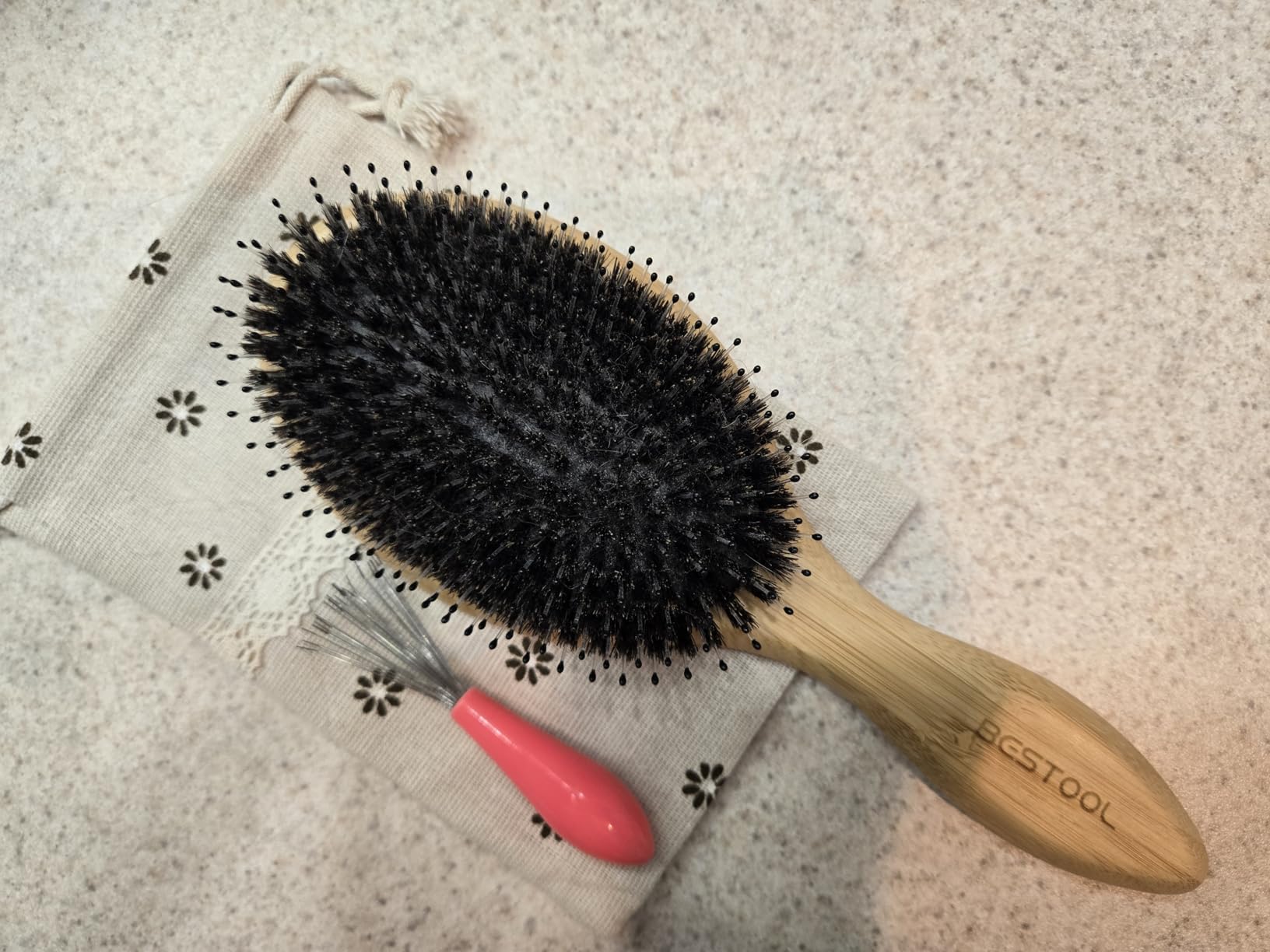 BESTOOL Hair Brush-Boar Bristle Hair Brushes Natural Bamboo Wooden Cushion Massage Anti Static Large Paddle Hairbrush for Women Men and Kid (Round) customer photo 1