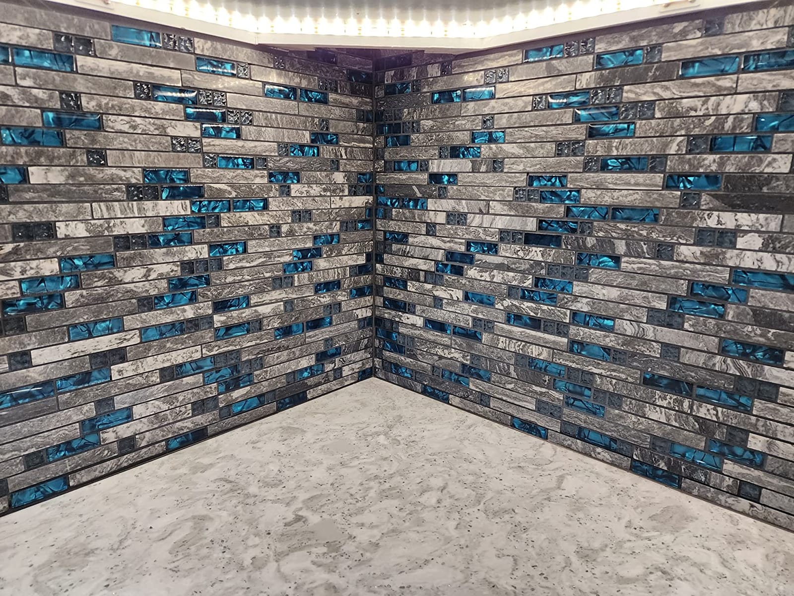 Blujellyfish Gray Marble Tile for Kitchen Backsplash 12 in. x 12 in. x 8 mm Teal Blue Glass Mosaic Bathroom Shower Wall Linear Tiles (Pack of 5 Sheets) customer photo 1