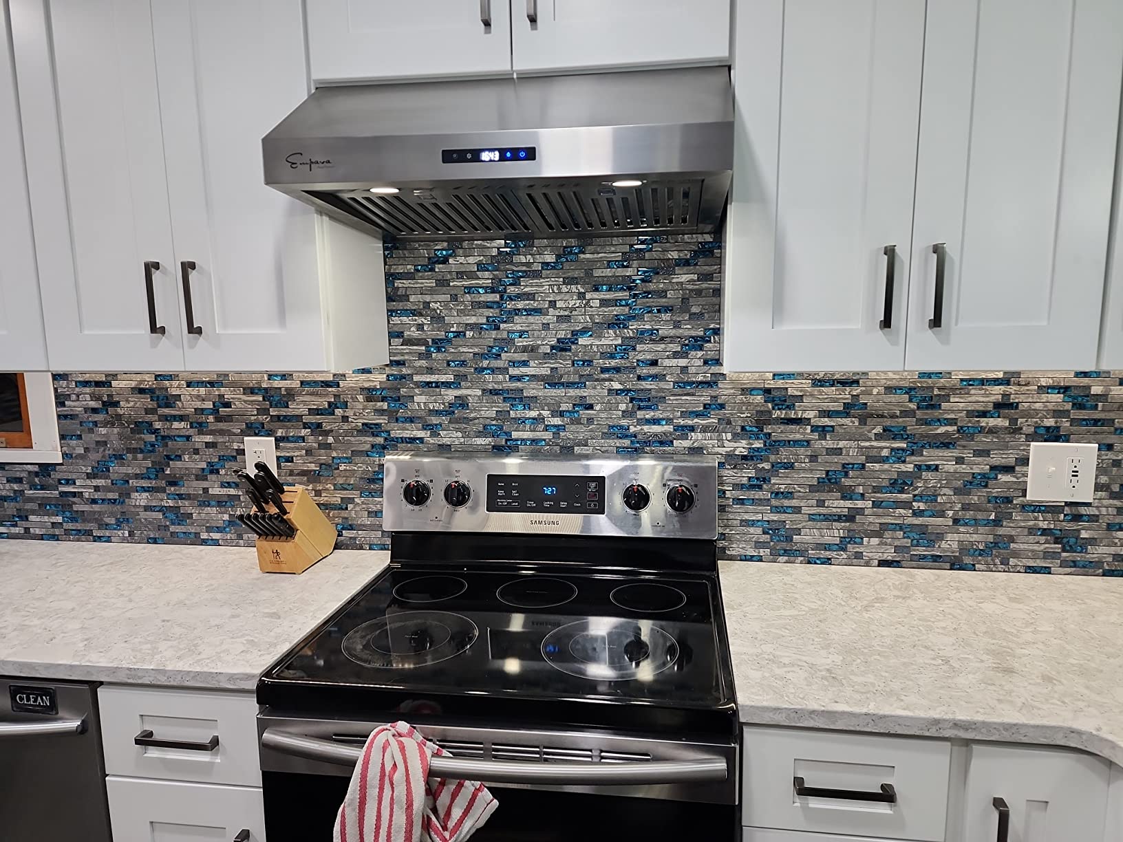 Blujellyfish Gray Marble Tile for Kitchen Backsplash 12 in. x 12 in. x 8 mm Teal Blue Glass Mosaic Bathroom Shower Wall Linear Tiles (Pack of 5 Sheets) customer photo 2