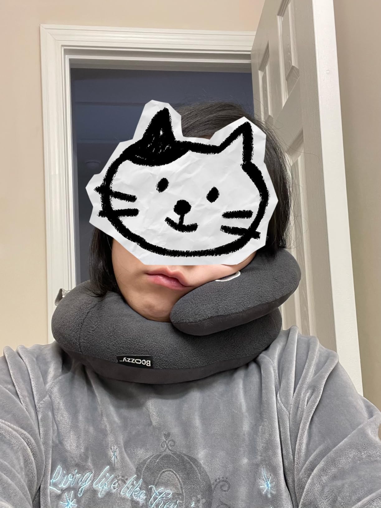 BCOZZY Travel Neck Pillow for Airplane – Patented Double Support for Head, Neck, and Chin. Best for Long Flights, Plane Sleeping & Car Rides. Adjustable Size. Fully Washable. Carry Bag. X-Large, Navy customer photo 2