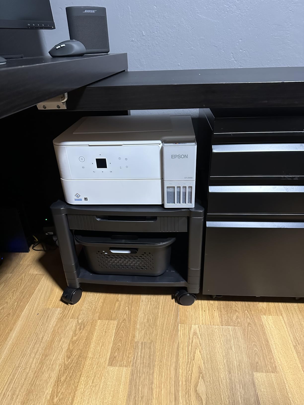HUANUO Printer Stand with Cable Management and Storage Drawer, Printer Table with Locking Wheels, 14.1-inch Maximum Height Printer Cart for Under Desk, Home, Office, HNDPS customer photo 1