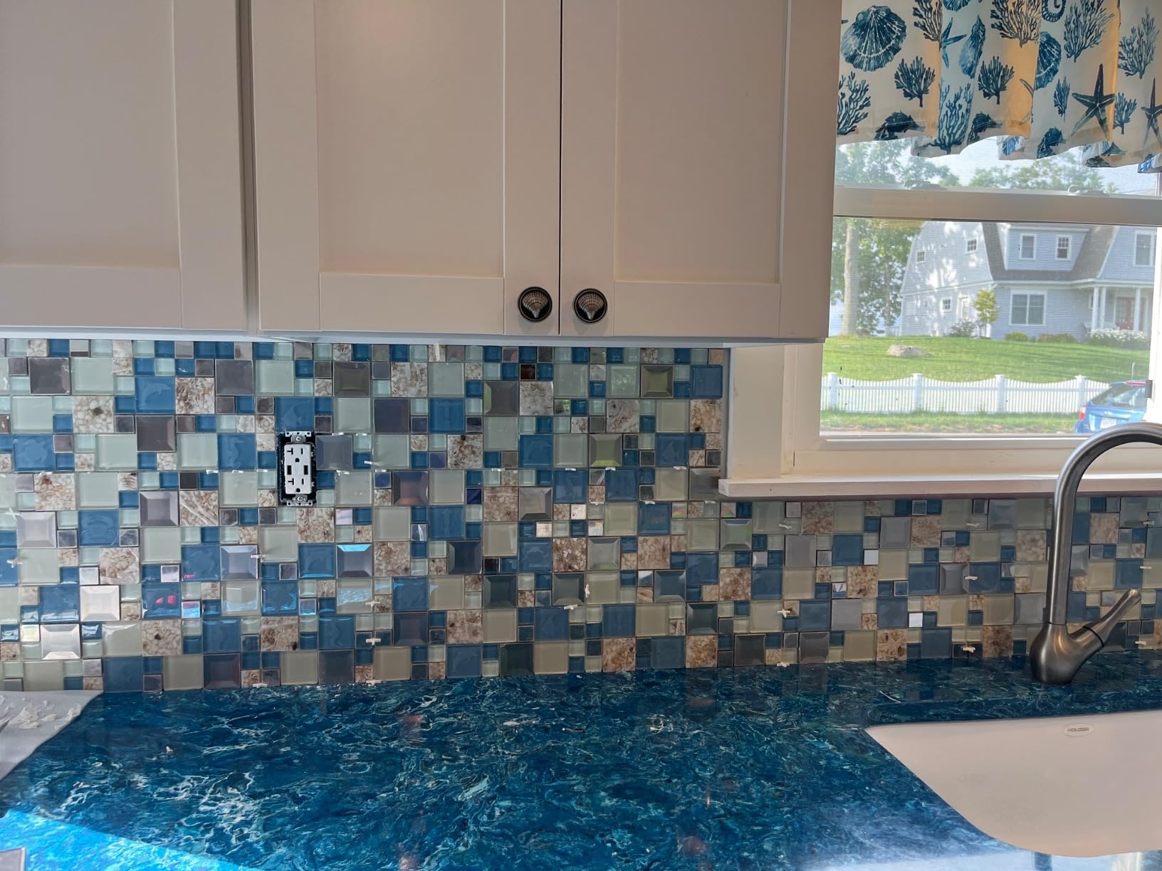 Blujellyfish Blue Sea Glass Tile Backsplash Beach Style Mosaic Tiles Real Seashell Inside (Pack of 5 Sheets) customer photo 1