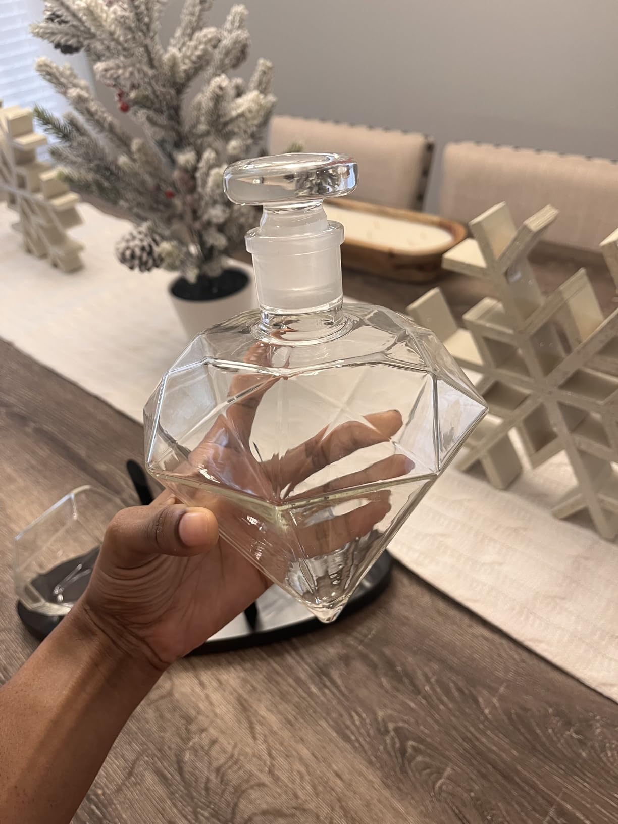 Whiskey Decanter Diamond shaped With 2 Diamond Glasses & Mahogany Wooden Holder – Elegant Handcrafted Crafted Glass Decanter For Liquor, Scotch, Rum, Bourbon, Vodka, Tequila – Great Gift Idea – 750ml customer photo 1