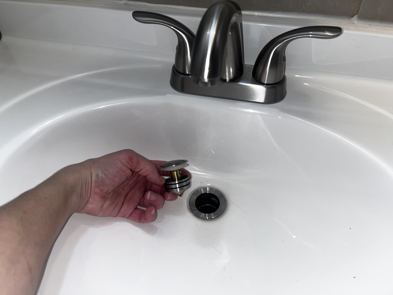 Phiestina Centerset 4 Inch Brushed Nickel 2 or 3 Holes Stainless Steel Bathroom Sink Faucet, 2 Handle Bathroom Faucet with Copper Pop Up Drain and Water Supply Lines, BF008-5-BN customer photo 2
