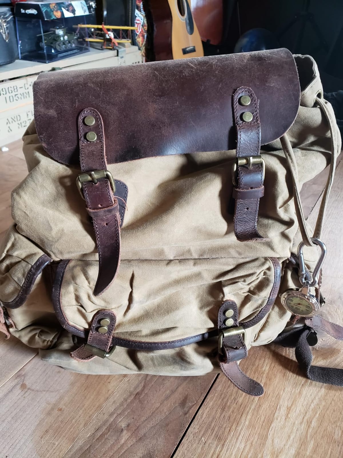 HuaChen Vintage Waxed Canvas Backpack with Genuine Leather Flap, Travel & Work Rucksack, Water-Resistant Daypack with Anti-Theft Pocket, Large (15.6