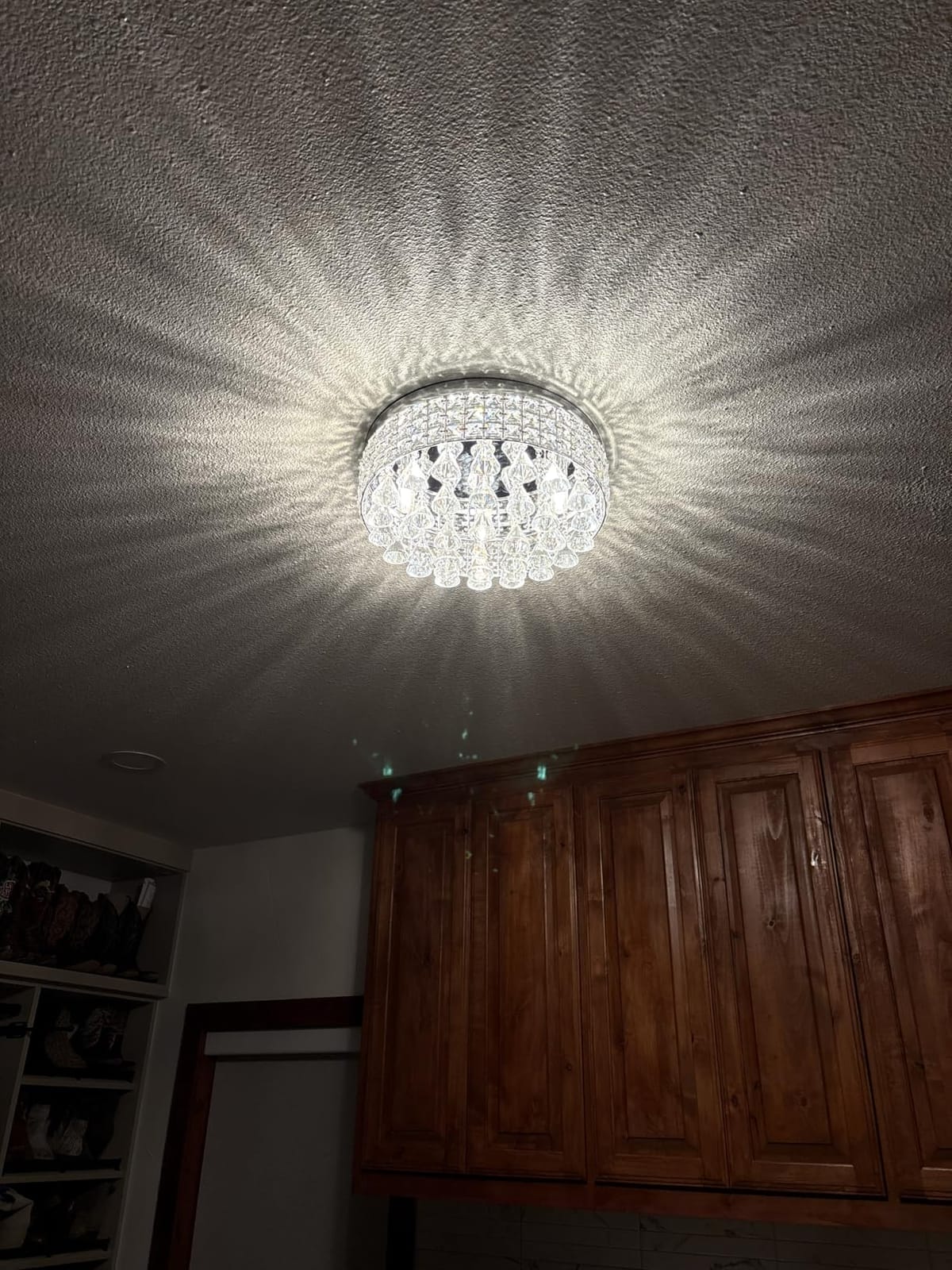 Maxax 4 Lights Crystal Chandelier, Modern Drum Ceiling Light Fixture Lamp, Raindrop Flush Mount Round Metal Shade, for Dining Room, Living Room, Bathroom, Bedroom, Chrome customer photo 1