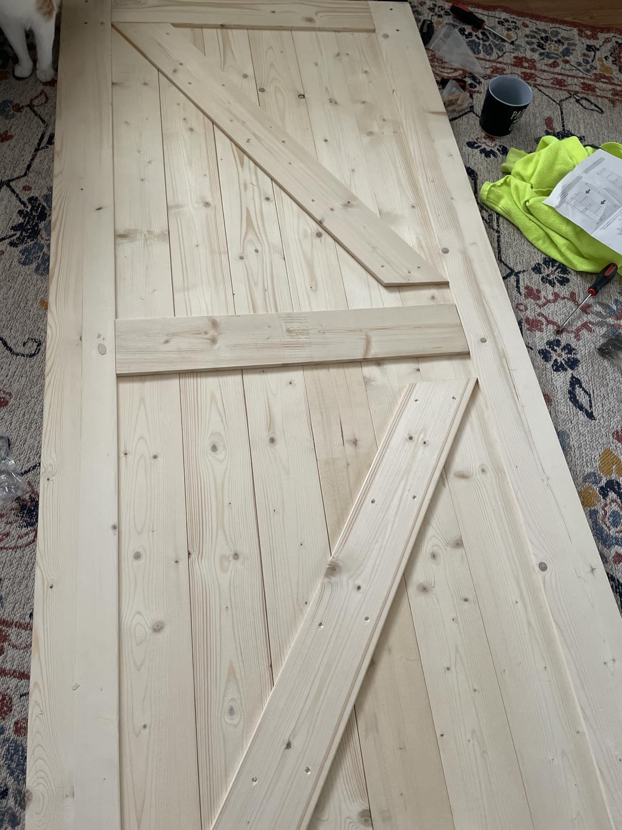 S&Z TOPHAND® 36in x 84in Unfinished British Brace Knotty Barn Door with Sliding Hardware Kit/Solid Wood/Sliding Door/Double Surfaces/A Simple Assembly is Required customer photo 1