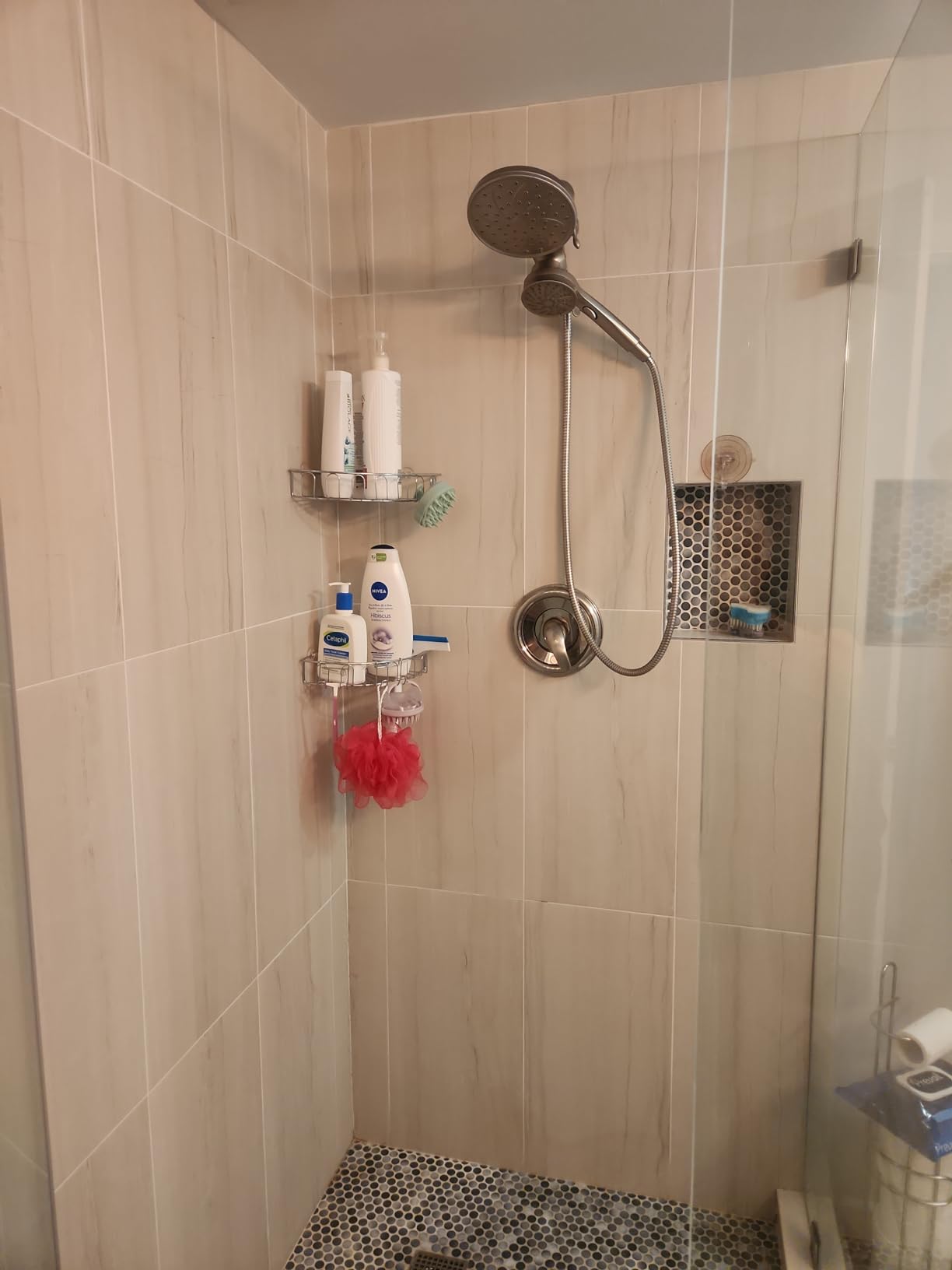 Orimade Corner Shower Caddy Stainless Steel with Hooks Wall Mounted Bathroom Shelf Storage Organizer Adhesive No Drilling 2 Pack, Silver Only for 90-Degree Corner customer photo 1