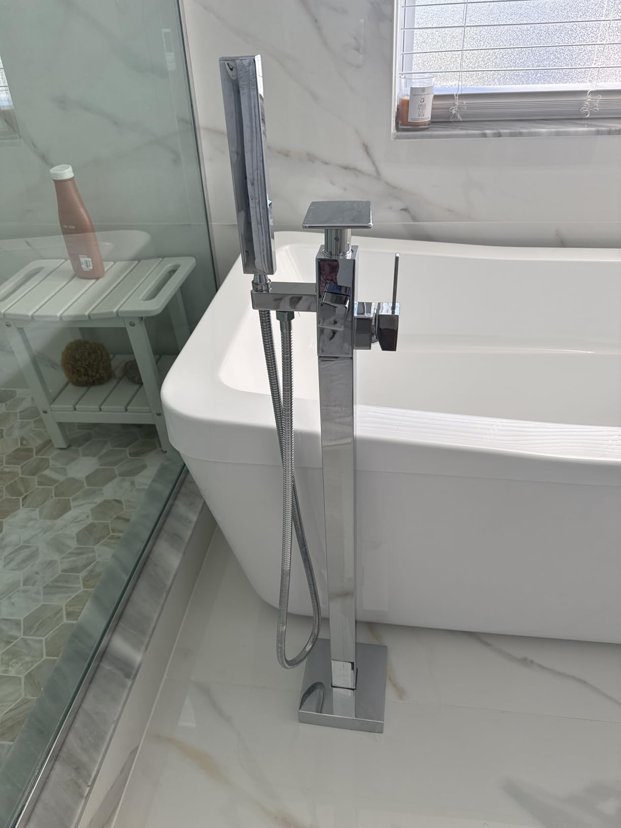 Senlesen Bathroom Tub Filler Faucet Floor Mounted Bathtub Shower Faucet Waterfall Spout Free Standing Tub Mixer Tap with Handheld Sprayer Matte Black customer photo 2