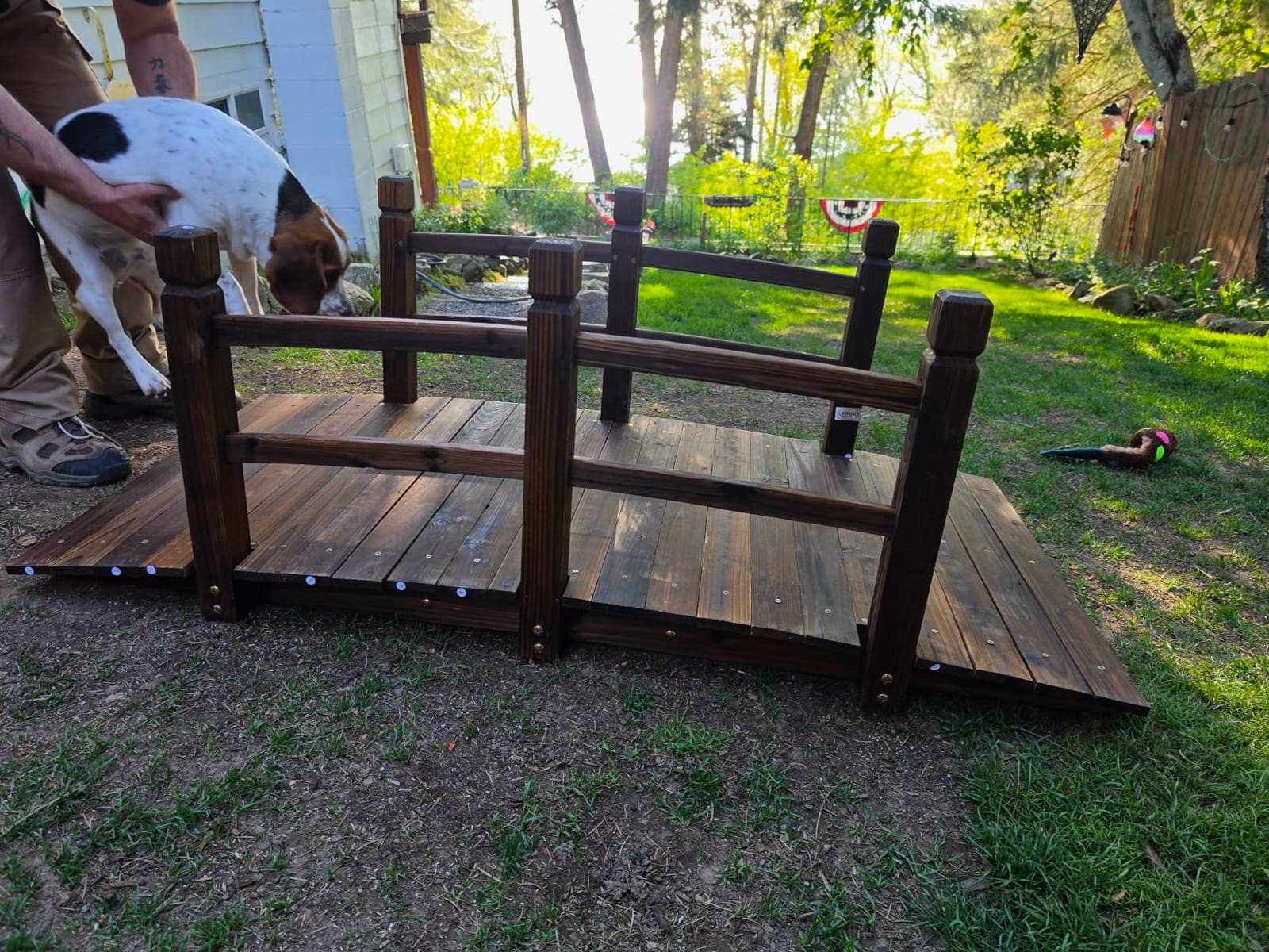 VINGLI 5 ft Garden Bridge, Classic Wooden Arch with Safety Rails Stained Finished Footbridge, Decorative Pond Landscaping, Backyard, Creek or Farm customer photo 1