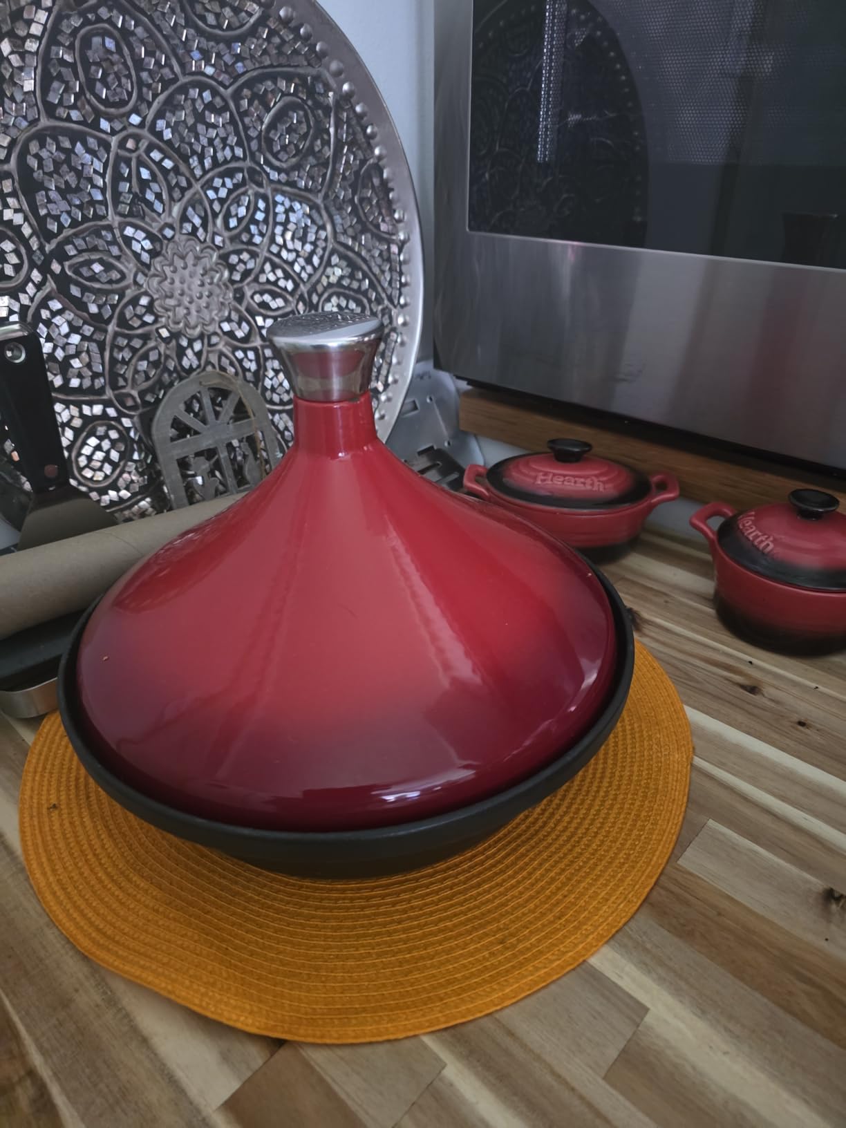 Bruntmor Grey Cast Iron Moroccan Tagine 4-Quart Cooking Pot with Silver knob, Enameled Base and Cone-Shaped Cast Iron Lid, Good for Baking and Frying, Oven and Dishwasher safe customer photo 1