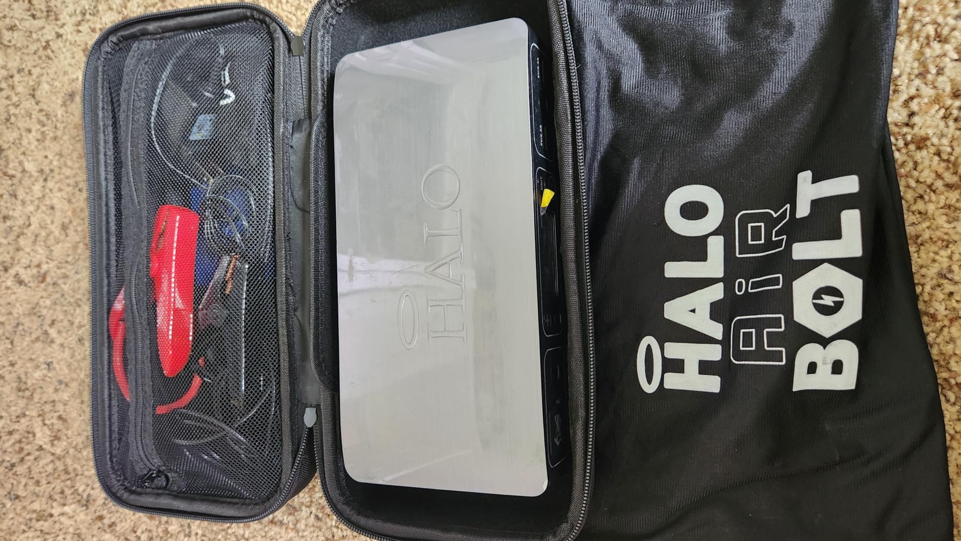 HALO Bolt Air 58830 Portable Car Battery Jump Starter | 100 PSI Air Compressor, 58.8Wh USB Power Bank, Emergency Floodlight & Charger, Jumps Cars SUVs & Trucks, Inflates Tires, TSA Approved — Gray customer photo 1