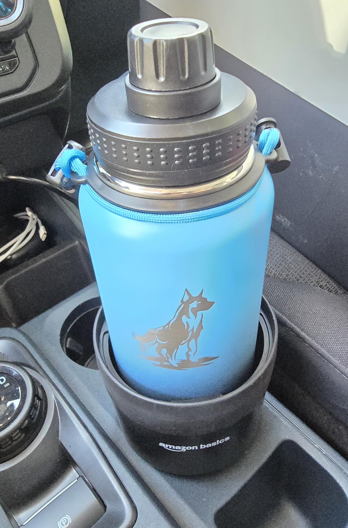 Amazon Basics Car Cup Holder Expander with Adjustable Base, Securely Holds Large Bottles 3.4 to 3.8 in Diameter, Compatible with Yeti, Hydro Flask, Easy Installation, Black customer photo 1