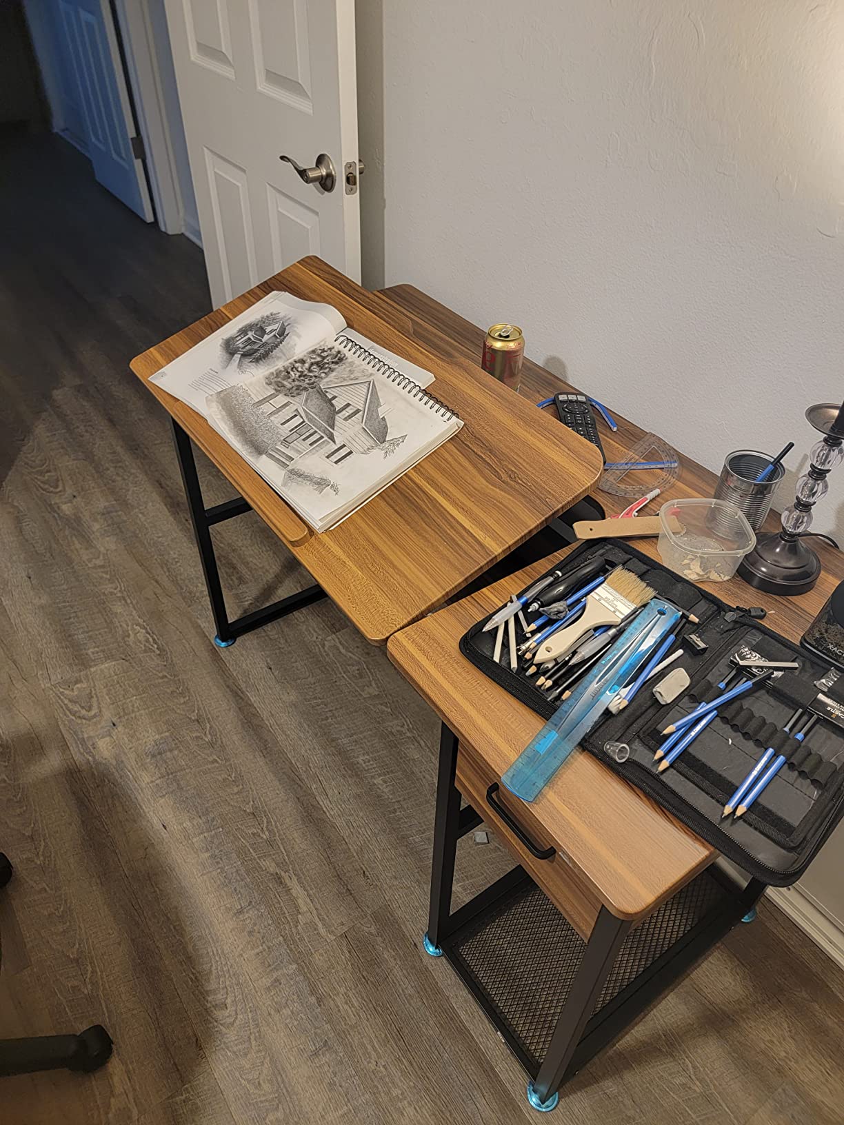 Tribesigns Drafting Table with Storage Drawers, Drawing Computer Desk Artist Craft Table Painting Desk Workstation with Shelves and Tiltable Tabletop for Students, Home Office customer photo 2