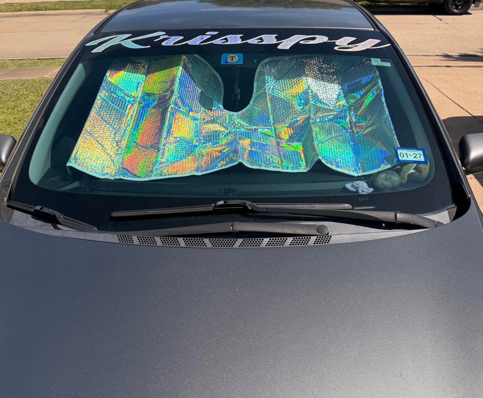 BDK Iridescent Matte Black Front Windshield Sunshade Accordion Folding Style Auto Shade for Car Truck SUV Van Blocks UV Rays Sun Visor Protector Easy Setup Keeps Your Vehicle Cool - 58 x 27 inches customer photo 2