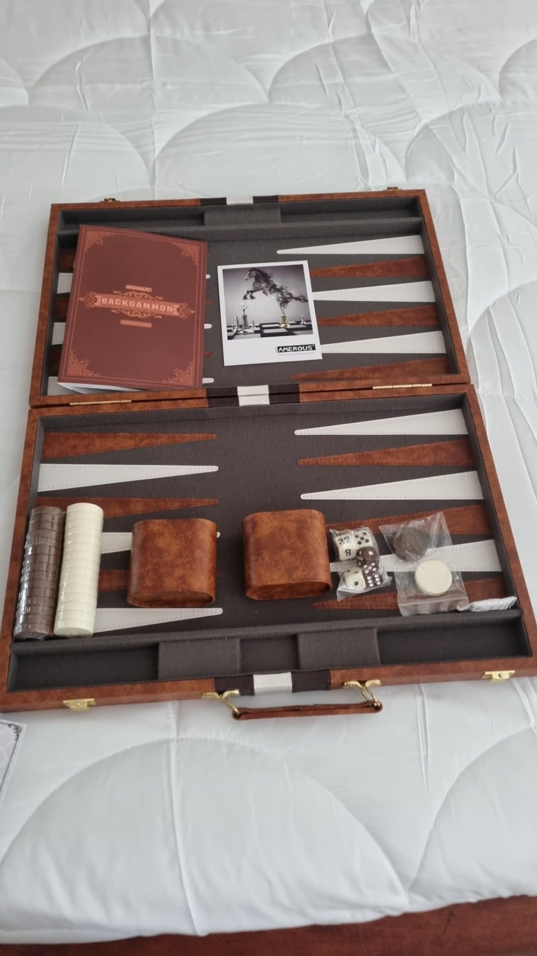 AMEROUS Backgammon Set, 15 Inches Classic Board Game with Leather Case, Folding Board, Gift Package, Portable Travel Strategy Backgammon Game Set for Adults, Kids (Medium, Brown) customer photo 1