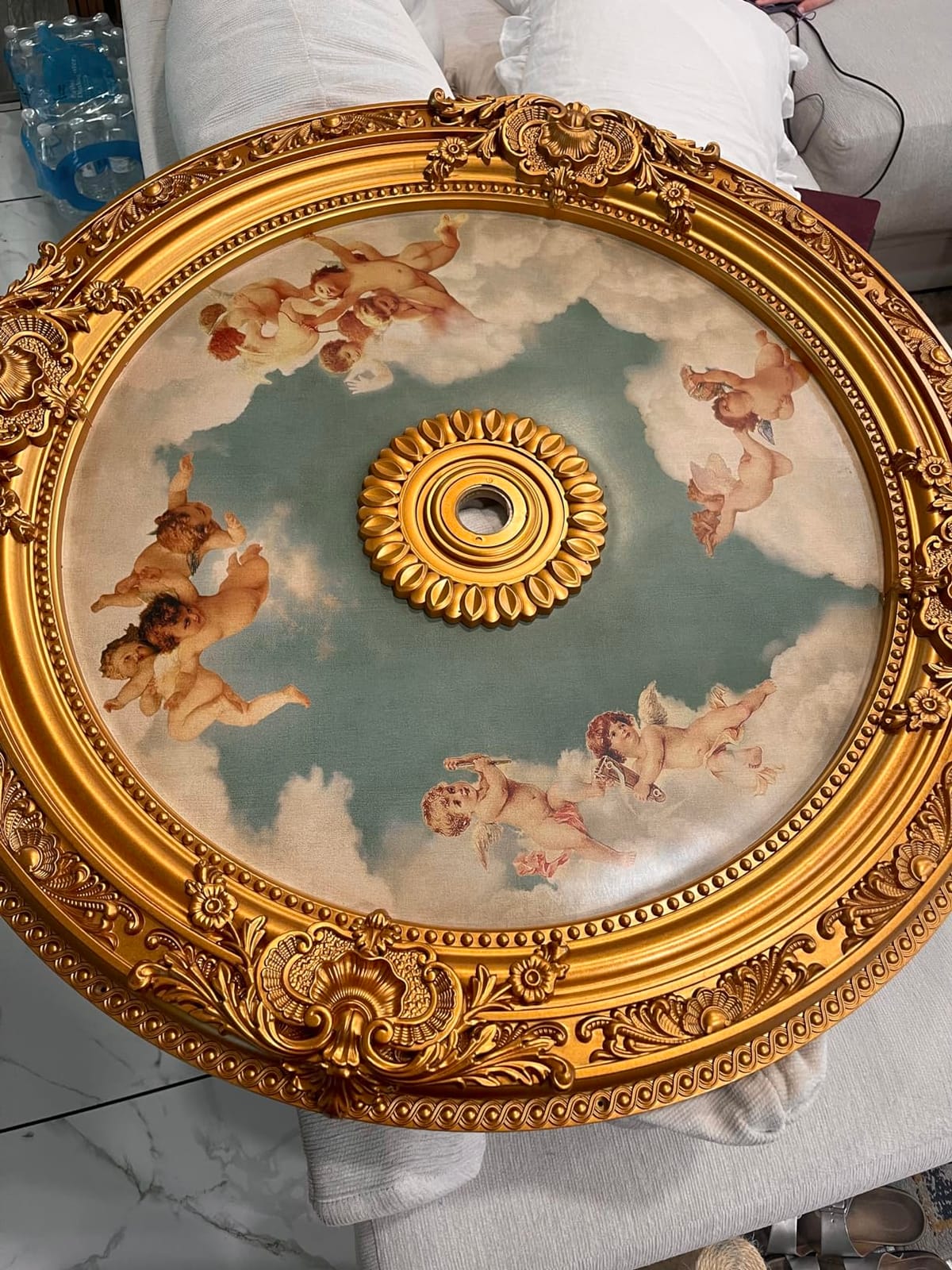 Antique Cherubs Sky Gold Trim Round Chandelier Ceiling Medallion for Home Improvement 36 Inch Diameter Polystyrene Decorative Ceiling Plate Molding customer photo 2